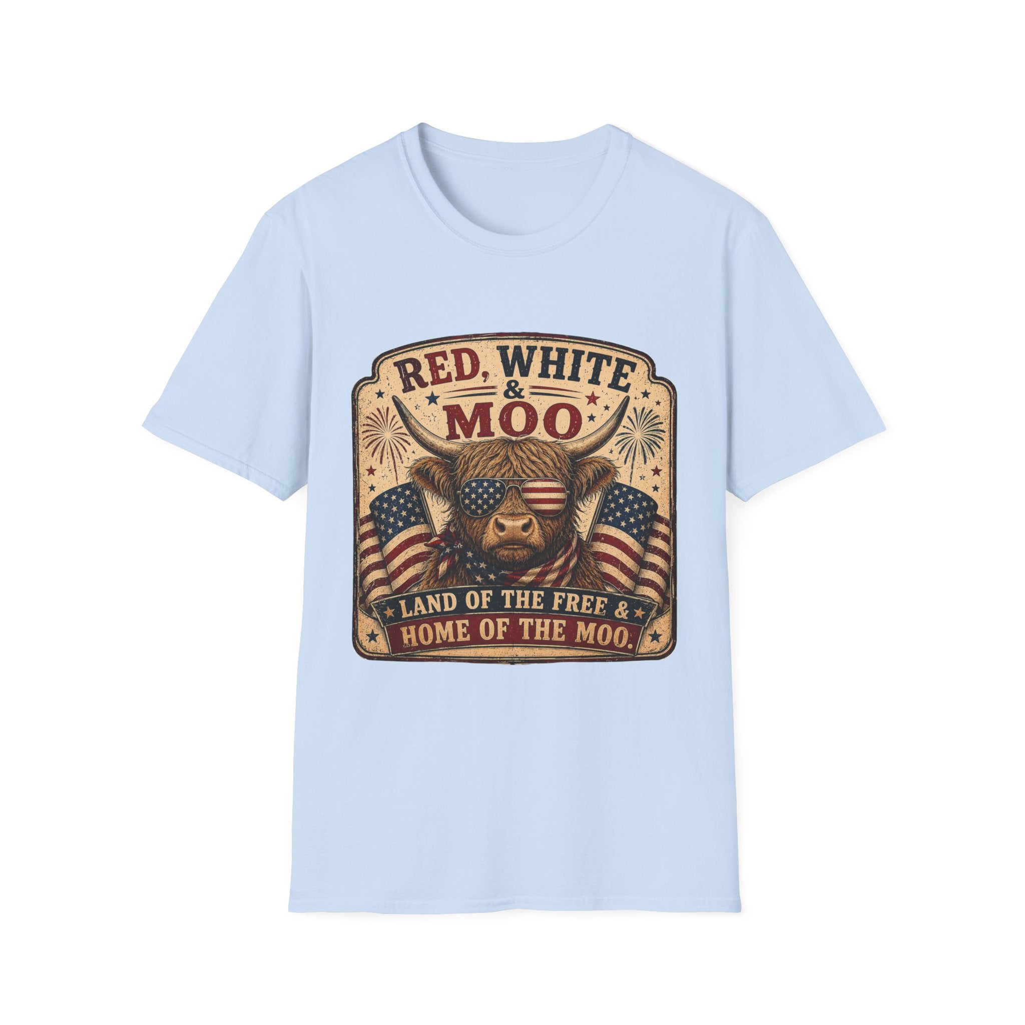 Red, White, & Moo Highland Cow Unisex Softstyle T-Shirt