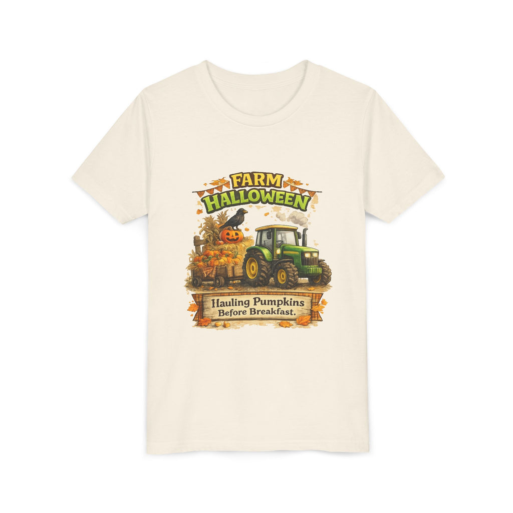 "Hauling Pumpkins Before Breakfast" Tractor Graphic — Youth Farm Halloween Tee