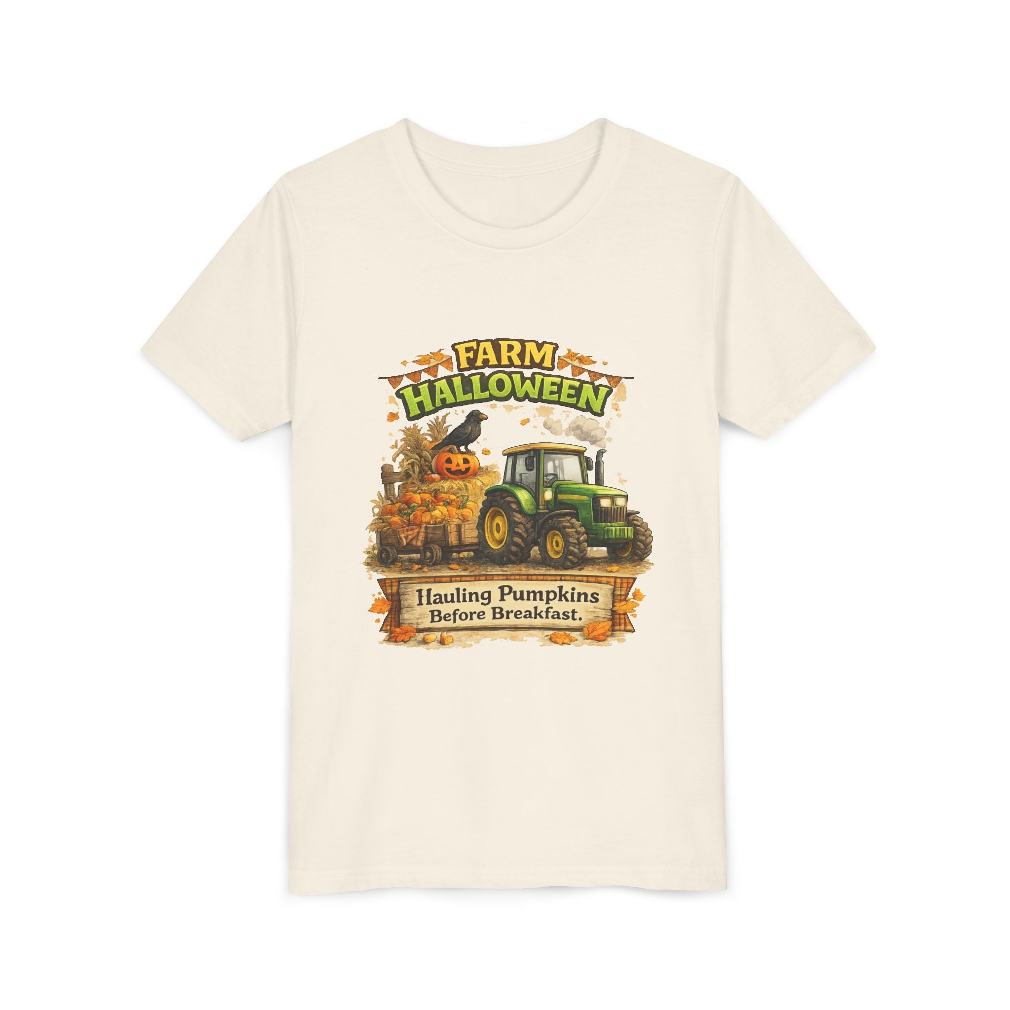 "Hauling Pumpkins Before Breakfast" Tractor Graphic — Youth Farm Halloween Tee
