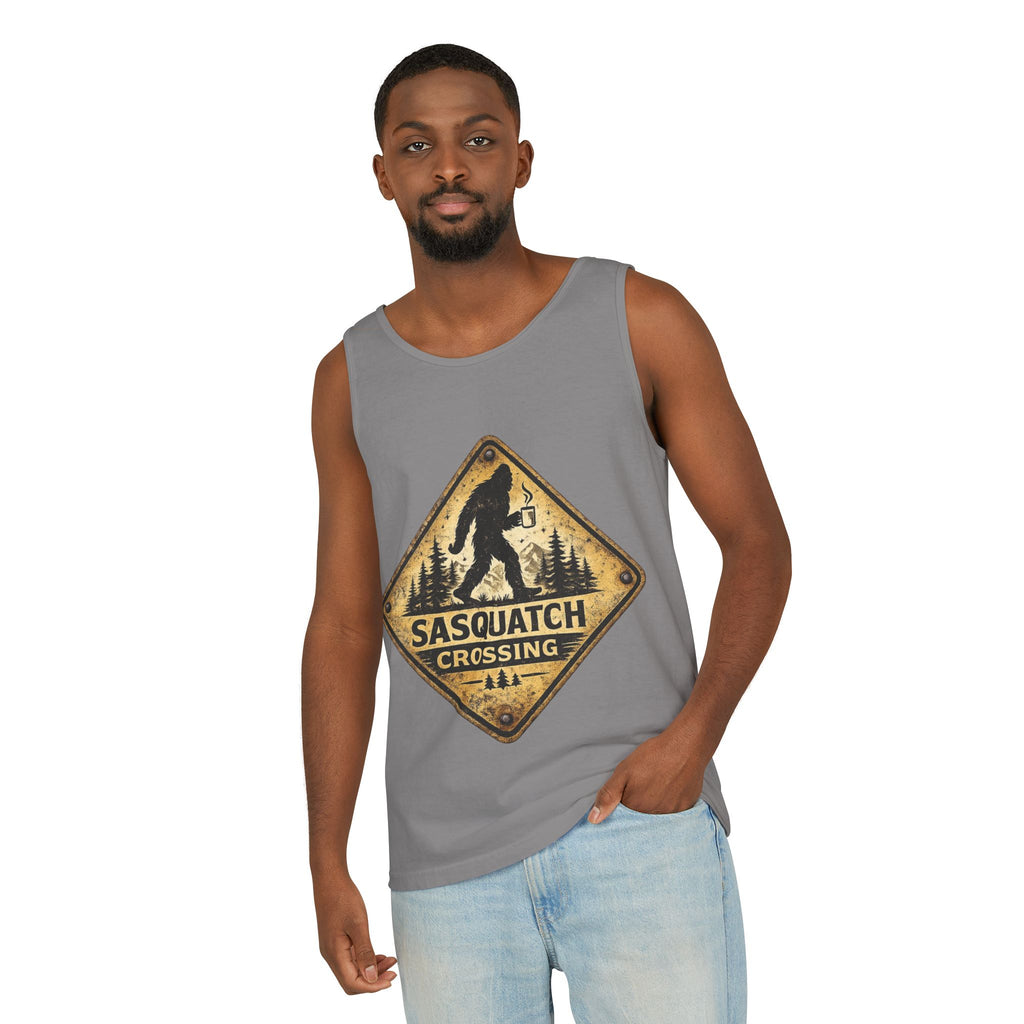 Sasquatch Crossing Tank Top — Vintage Bigfoot Forest Sign Sleeveless Tank