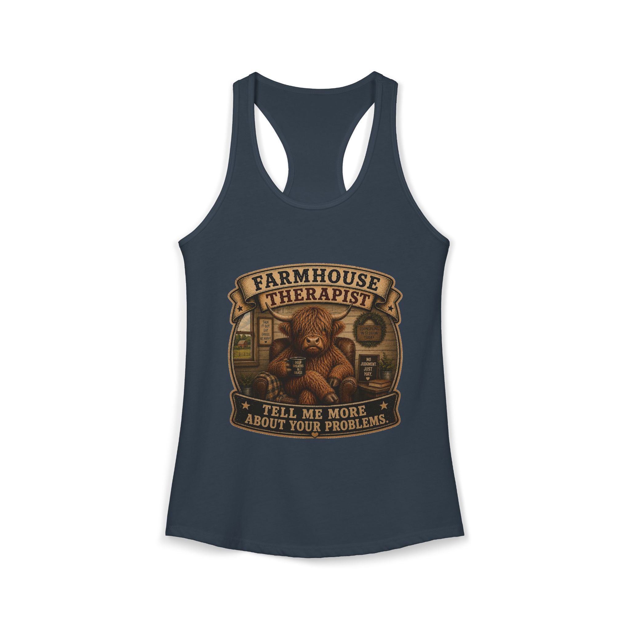 Farmhouse Therapist Highland Cow Women's Ideal Racerback Tank