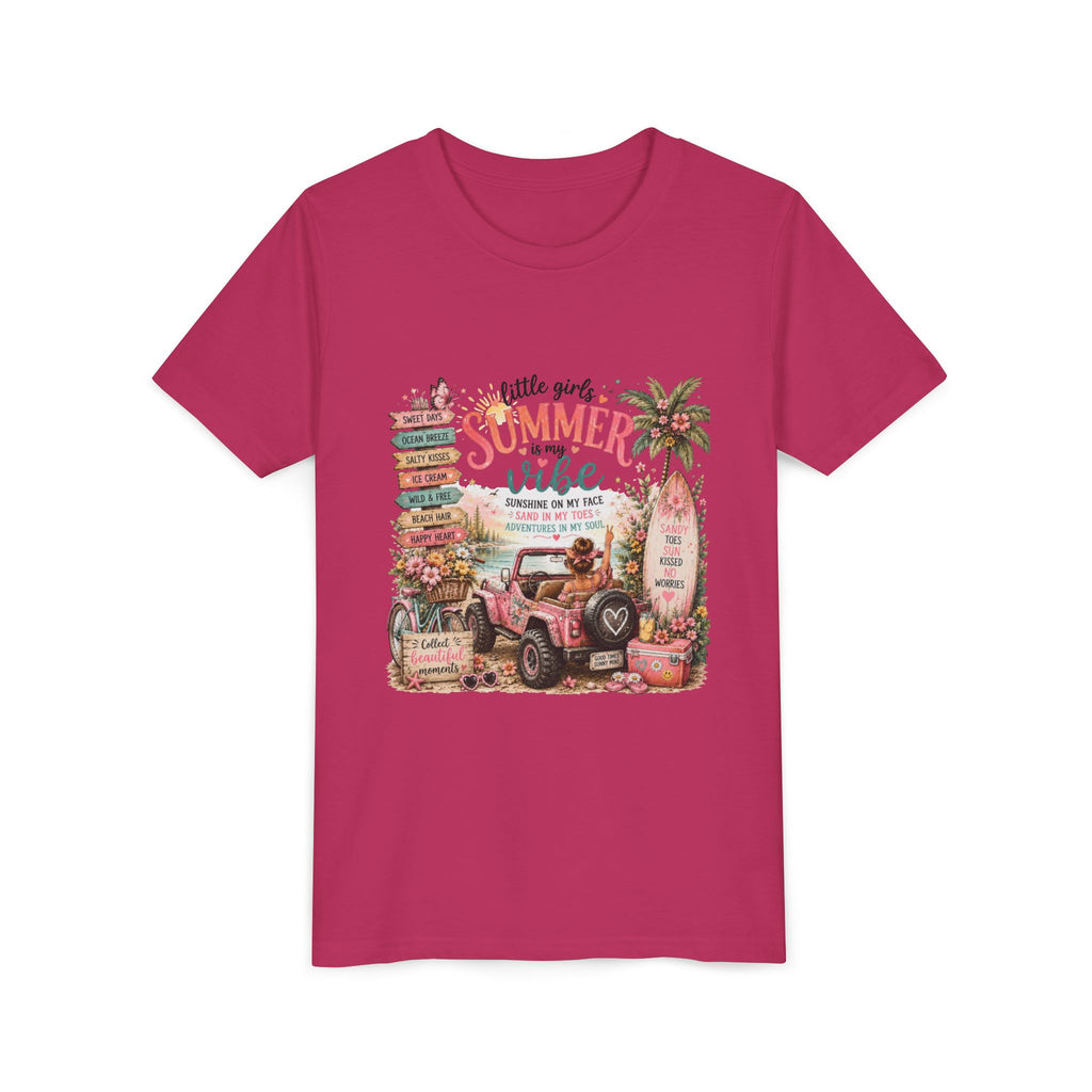 "Little Girls Summer Vibe" Tropical Jeep Surfboard Beach Graphic - Youth Tee