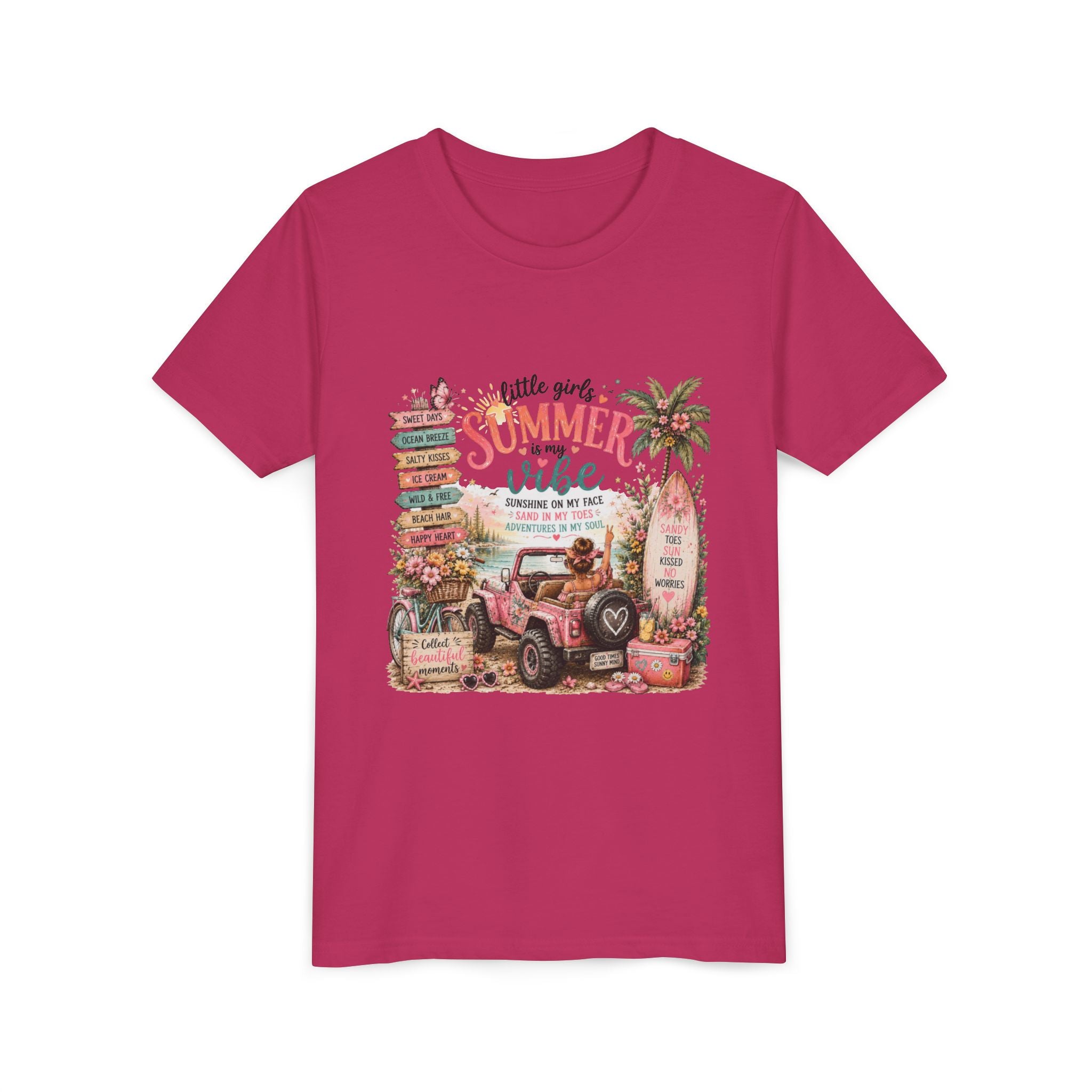 "Little Girls Summer Vibe" Tropical Jeep Surfboard Beach Graphic - Youth Tee