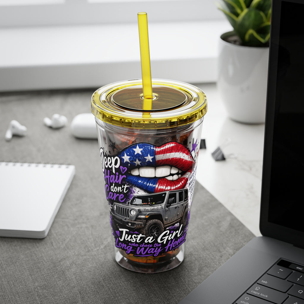 Jeep Girl 16oz Tumbler with Straw — American Flag Lips ‘Jeep Hair Don’t Care’ Design
