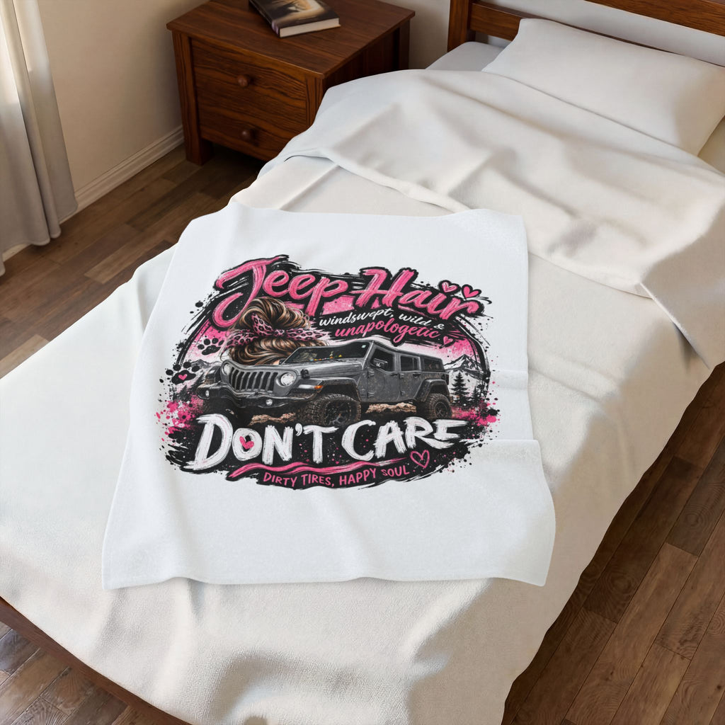 Jeep Hair Don’t Care Velveteen Plush Blanket – Off‑Road Women’s Cozy Throw