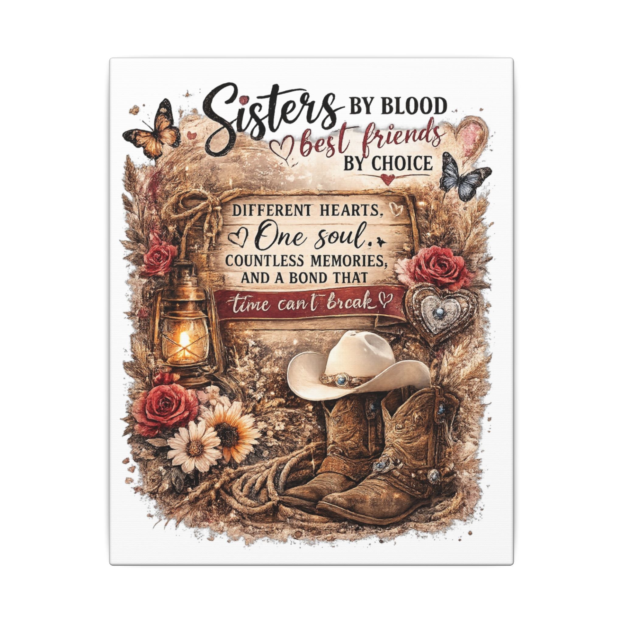 Sisters by Blood Country Canvas Wall Art – Rustic Cowgirl Boots & Hat Quote