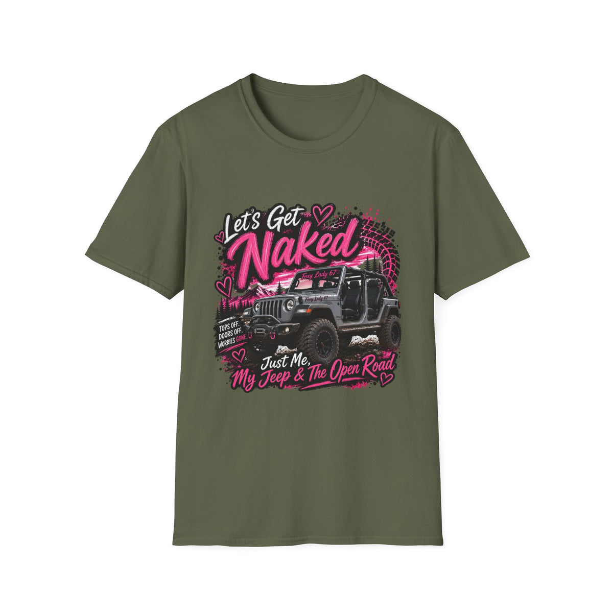 Jeep 'Let's Get Naked' Graphic T-Shirt — (Pink) Funny Off-Roading Top