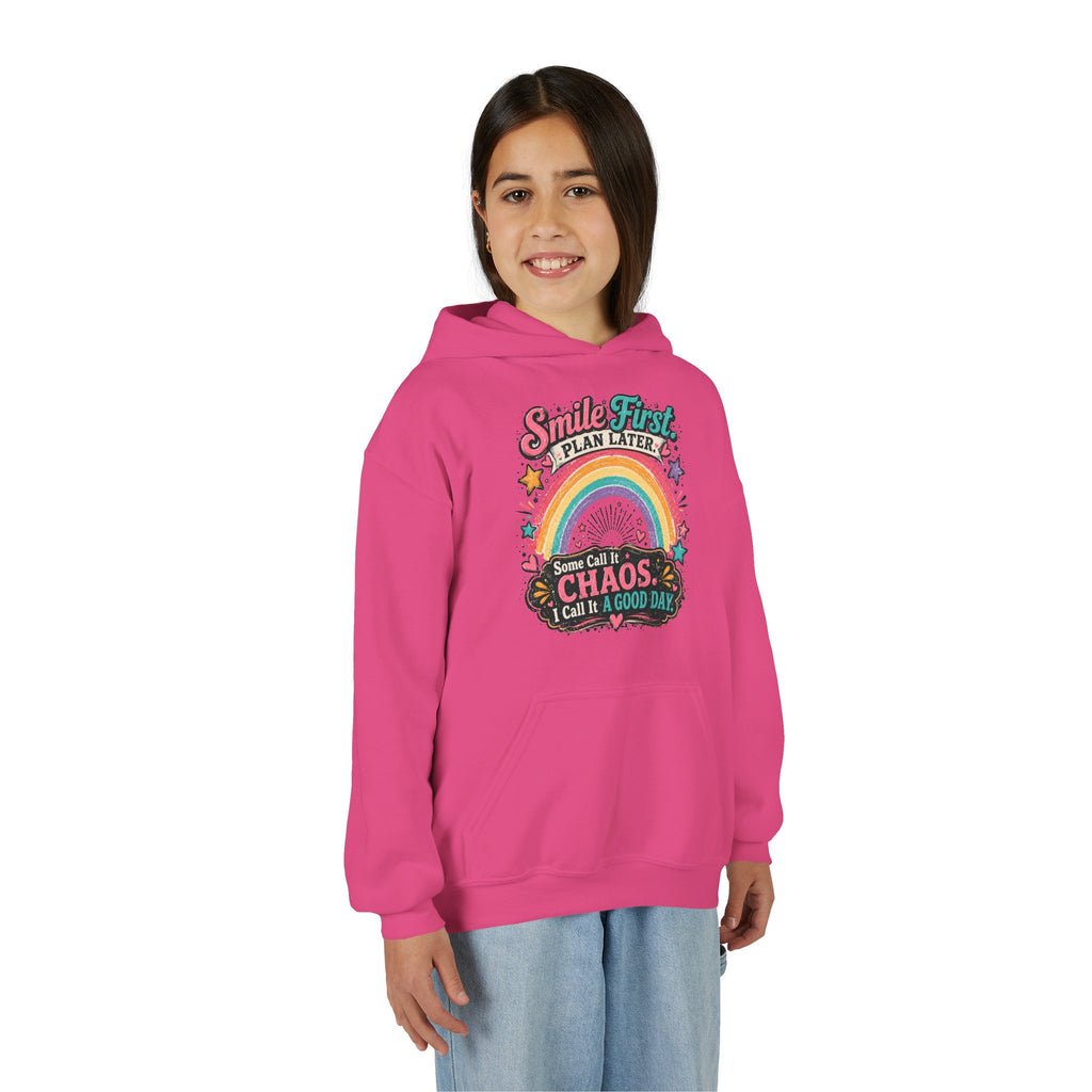 "Smile First, Plan Later" Rainbow Chaos Quote Pullover - Youth Hoodie -