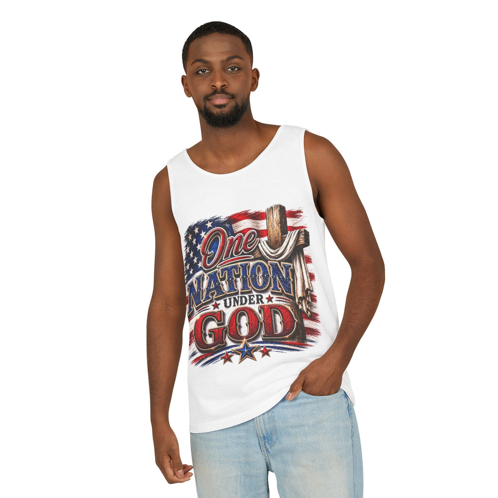 One Nation Under God Tank Top — Patriotic American Flag & Cross Sleeveless Shirt