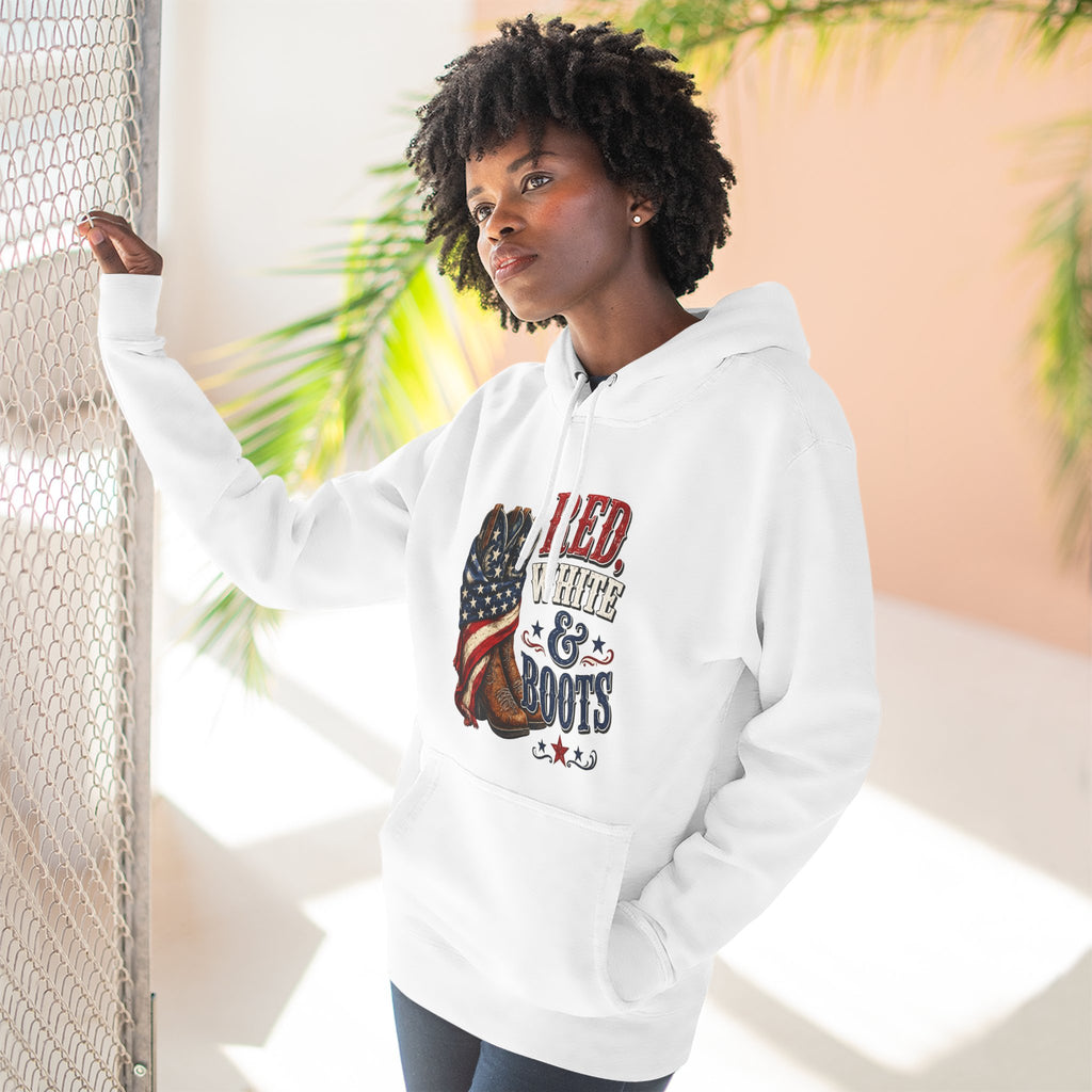 Patriotic 'Red White & Boots' Hoodie — American Flag Cowboy Boots Pullover