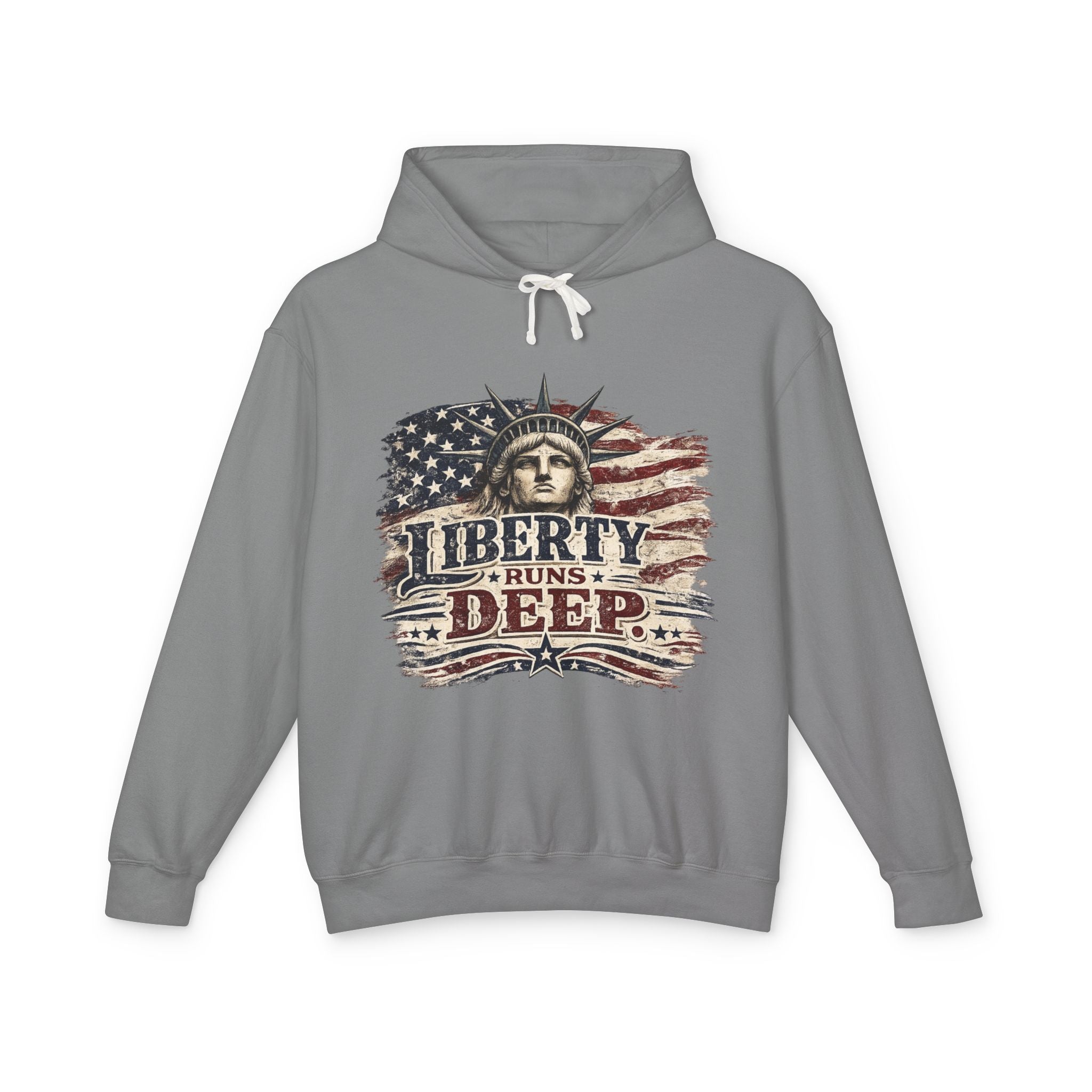 Liberty Runs Deep Hoodie — Patriotic Statue of Liberty Flag Sweatshirt