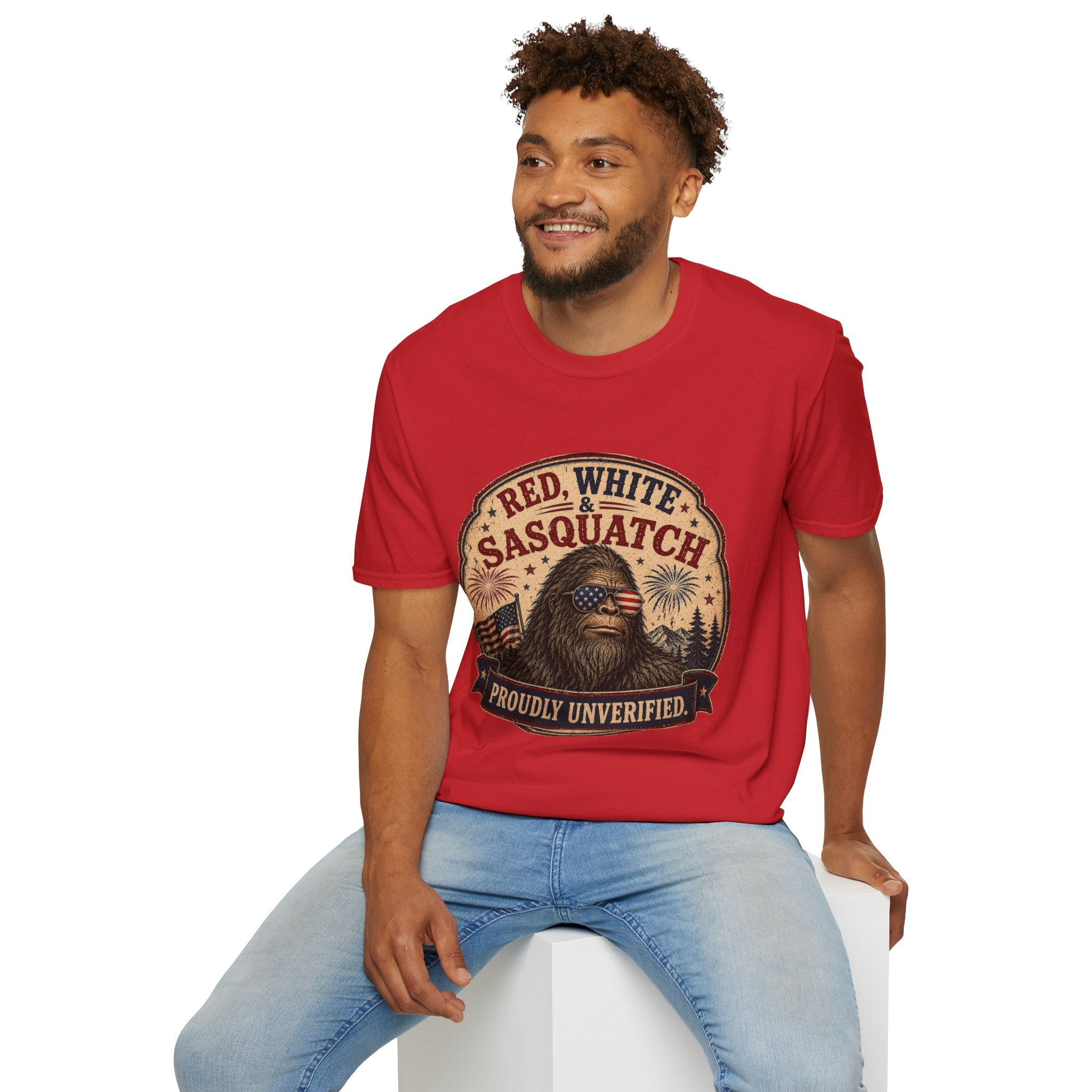 Red, White & Sasquatch T-Shirt — Proudly Unverified Patriotic Tee