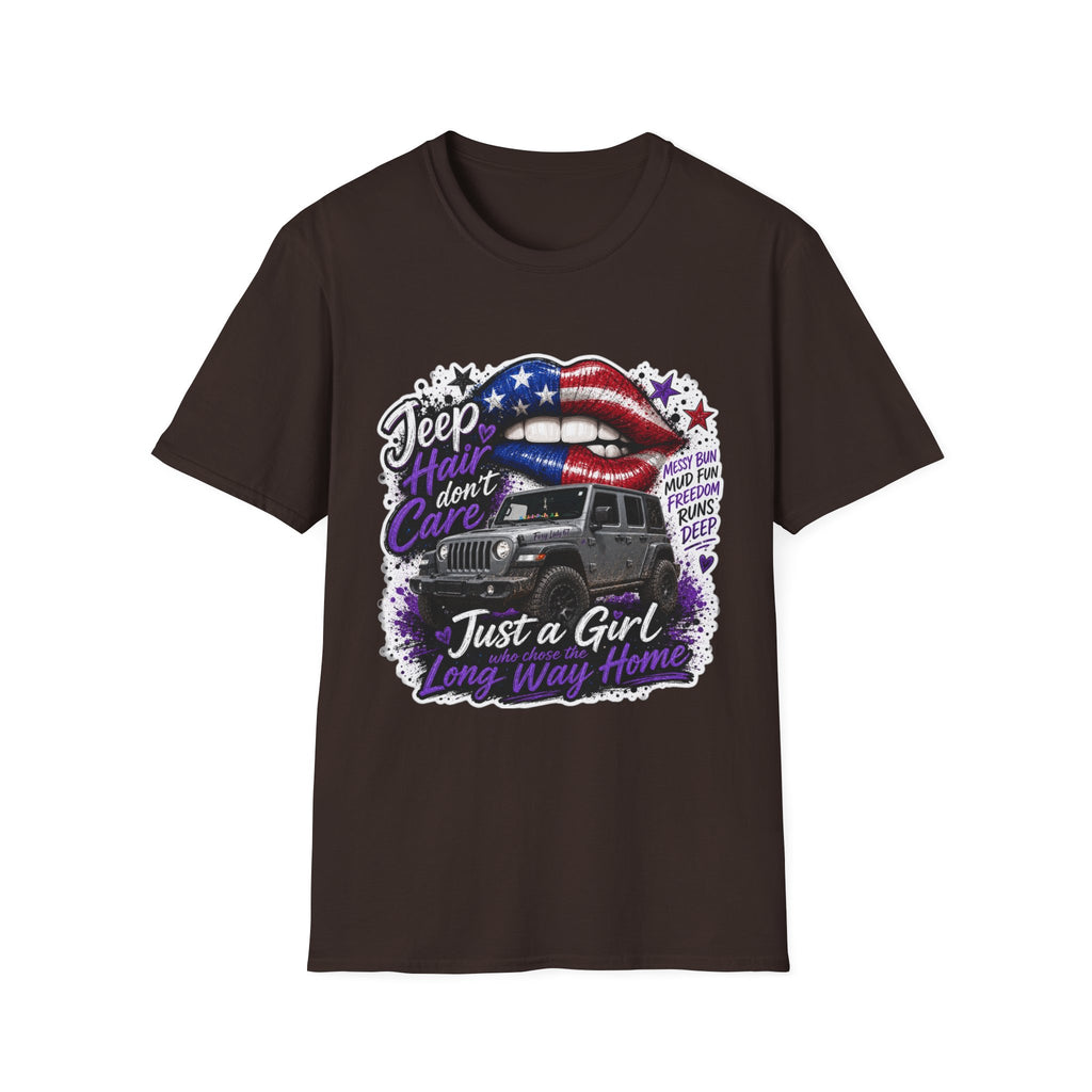 Jeep Hair Don't Care T-Shirt — American Flag Lips Off-Road Truck Tee