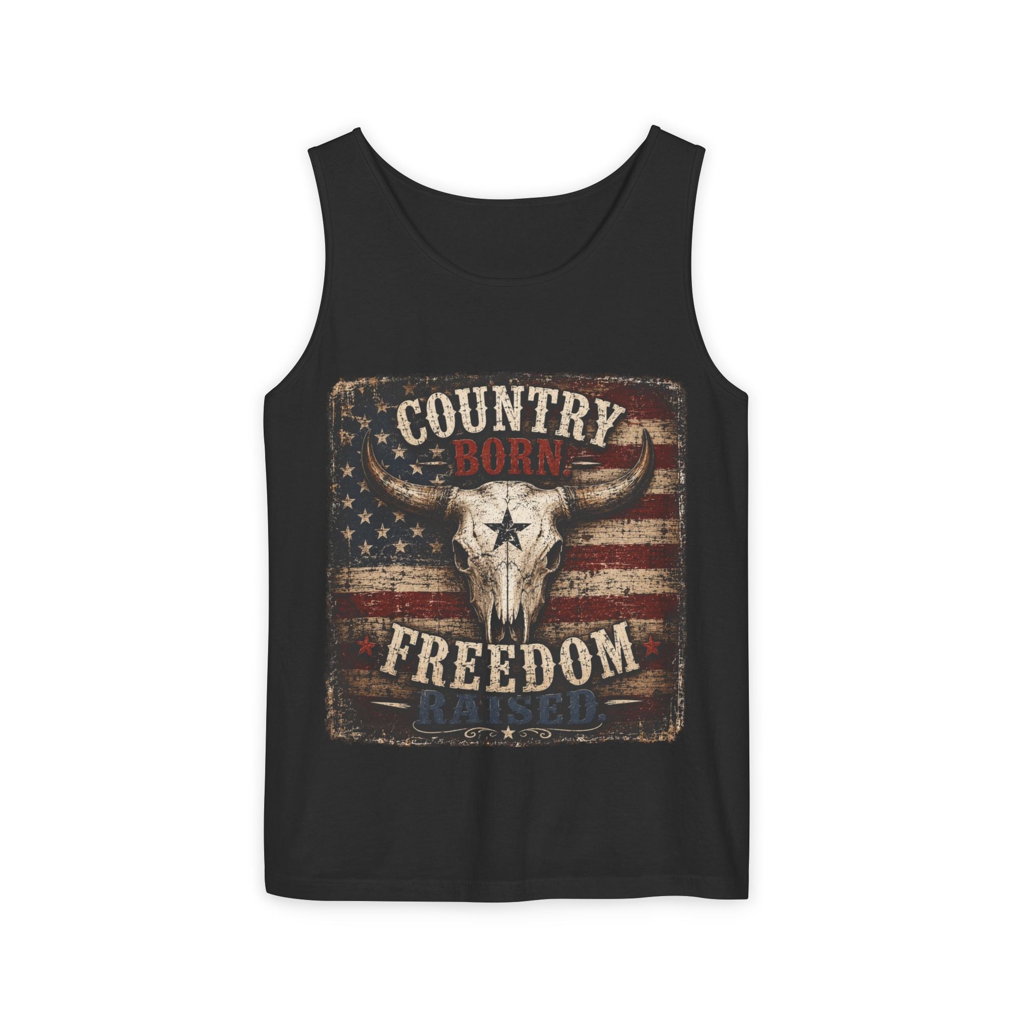 Country Born Freedom Raised Tank Top — Americana Skull Flag Graphic Tank Top