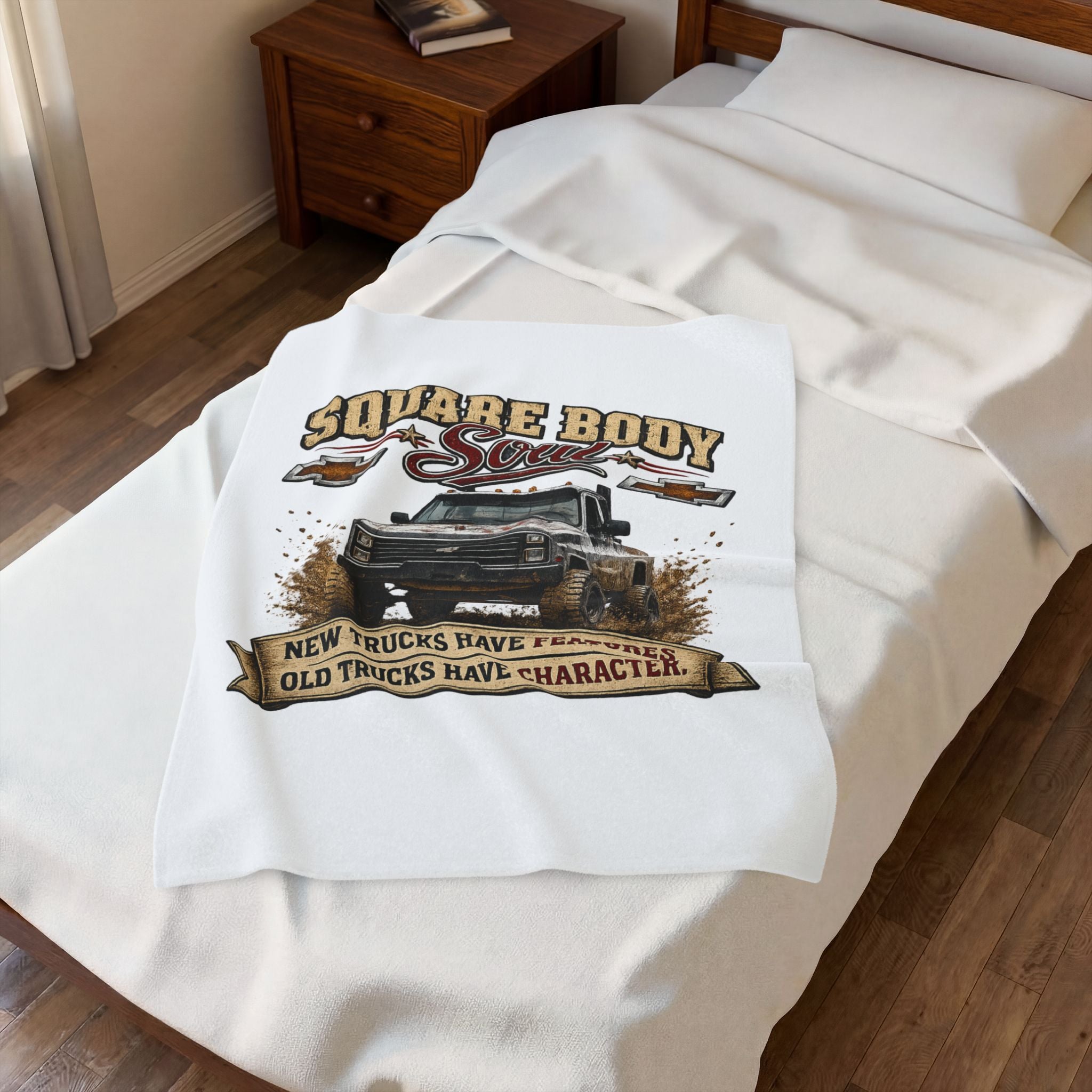 Square Body Soul Truck Velveteen Plush Blanket — “New Trucks Have Features, Old Trucks Have Character” Throw