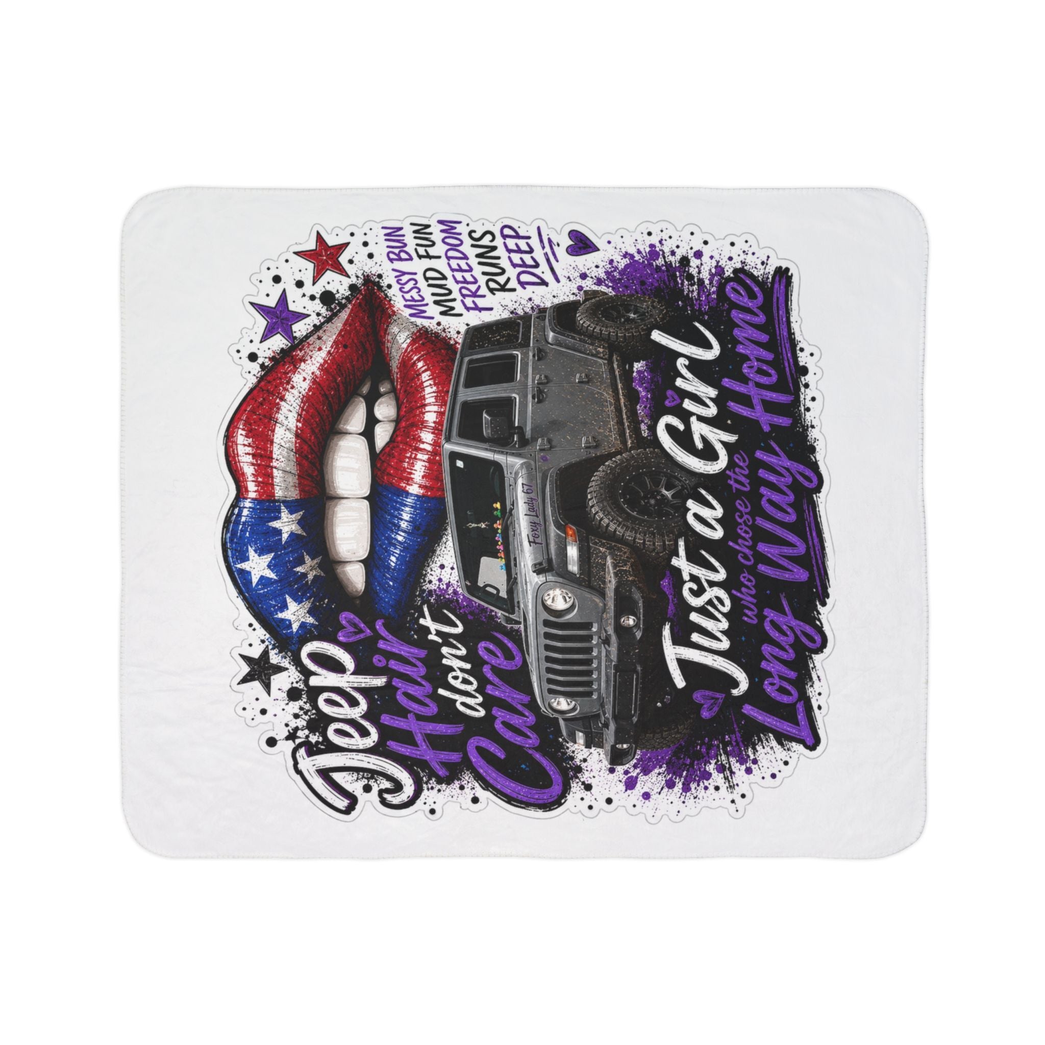 Jeep Girl Sherpa Blanket - "Jeep Hair Don't Care" Patriotic Off-Road Throw