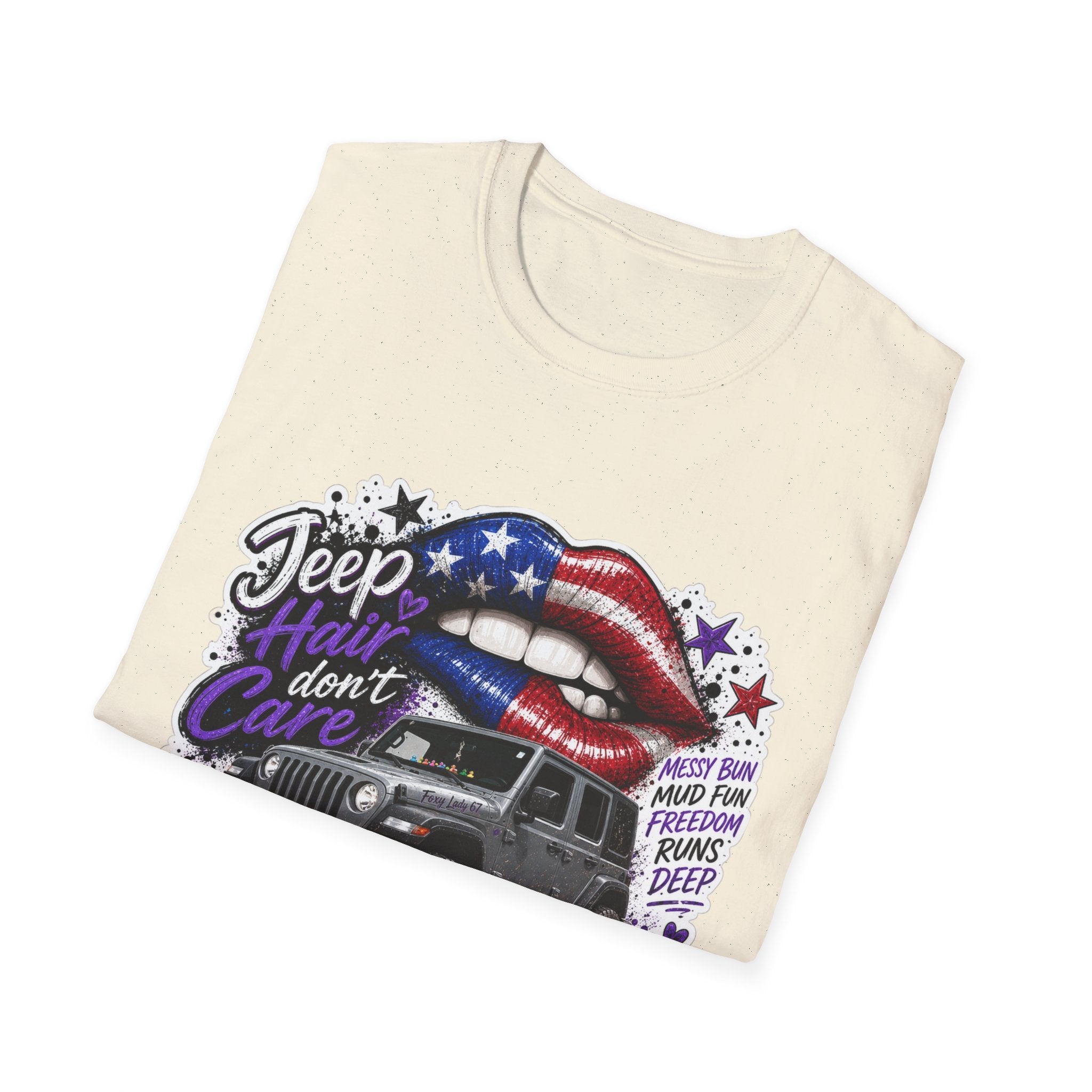 Jeep Hair Don't Care T-Shirt — American Flag Lips Off-Road Truck Tee