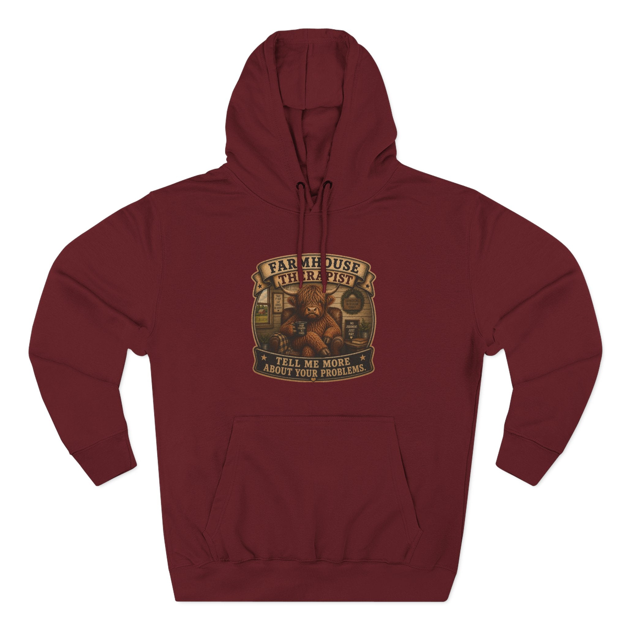 Farmhouse Therapist Highland Cow Three-Panel Fleece Hoodie