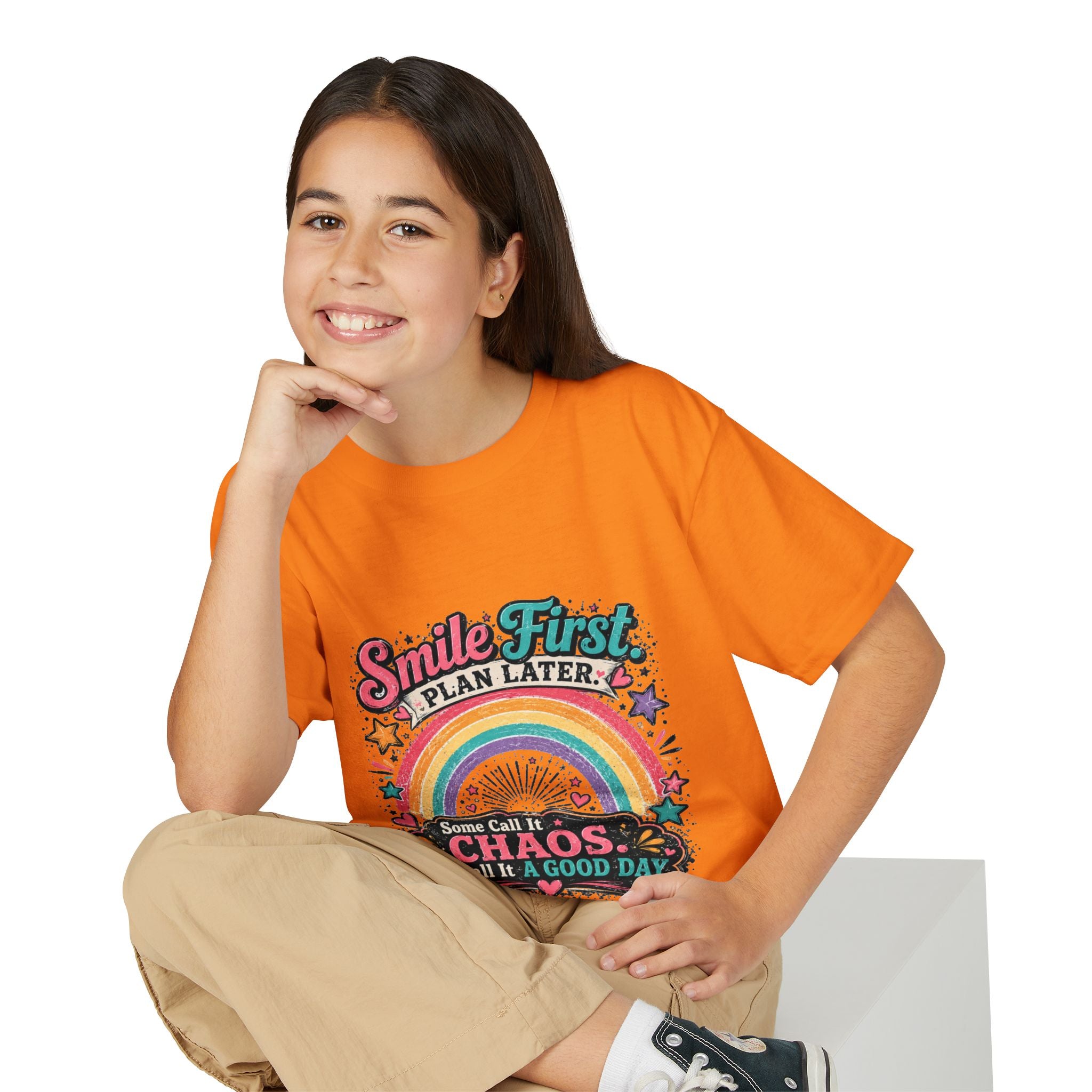 "Smile First, Plan Later" Rainbow Chaos Graphic Tee - Youth T-Shirt —