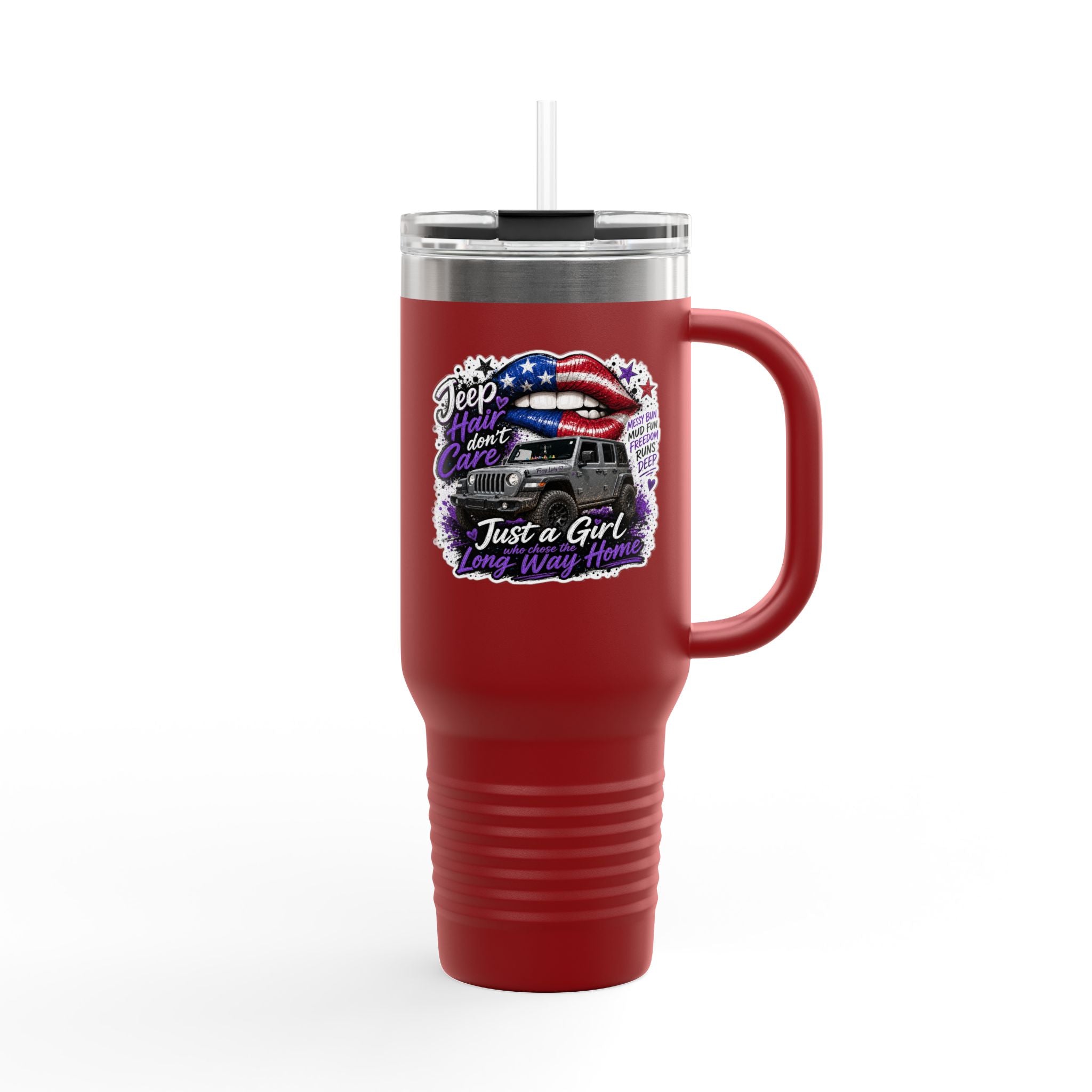 "Jeep Hair Don't Care" Patriotic Truck Design — 40oz Insulated Travel Mug
