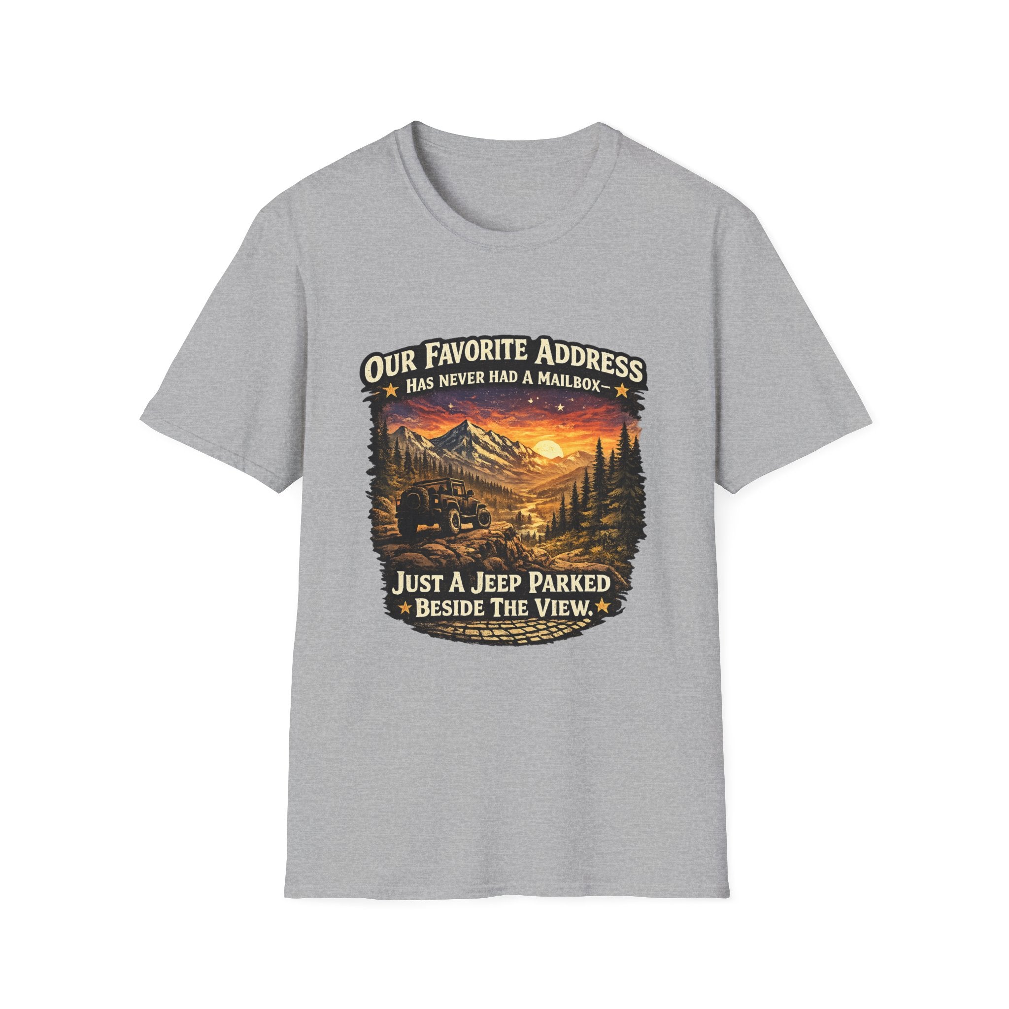 "Our Favorite Address Has Never Had a Mailbox" Scenic Mountain Camping Tee — T-Shirt