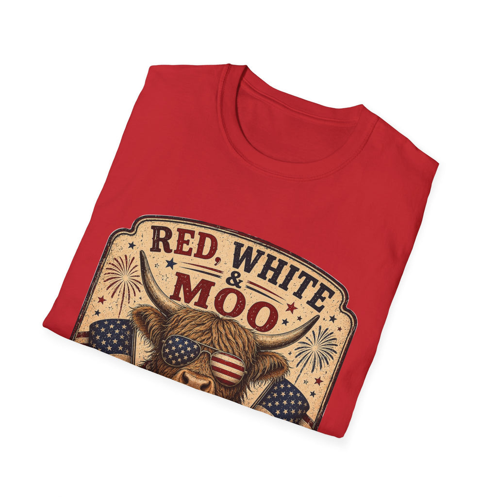 Red, White, & Moo Highland Cow Unisex Softstyle T-Shirt