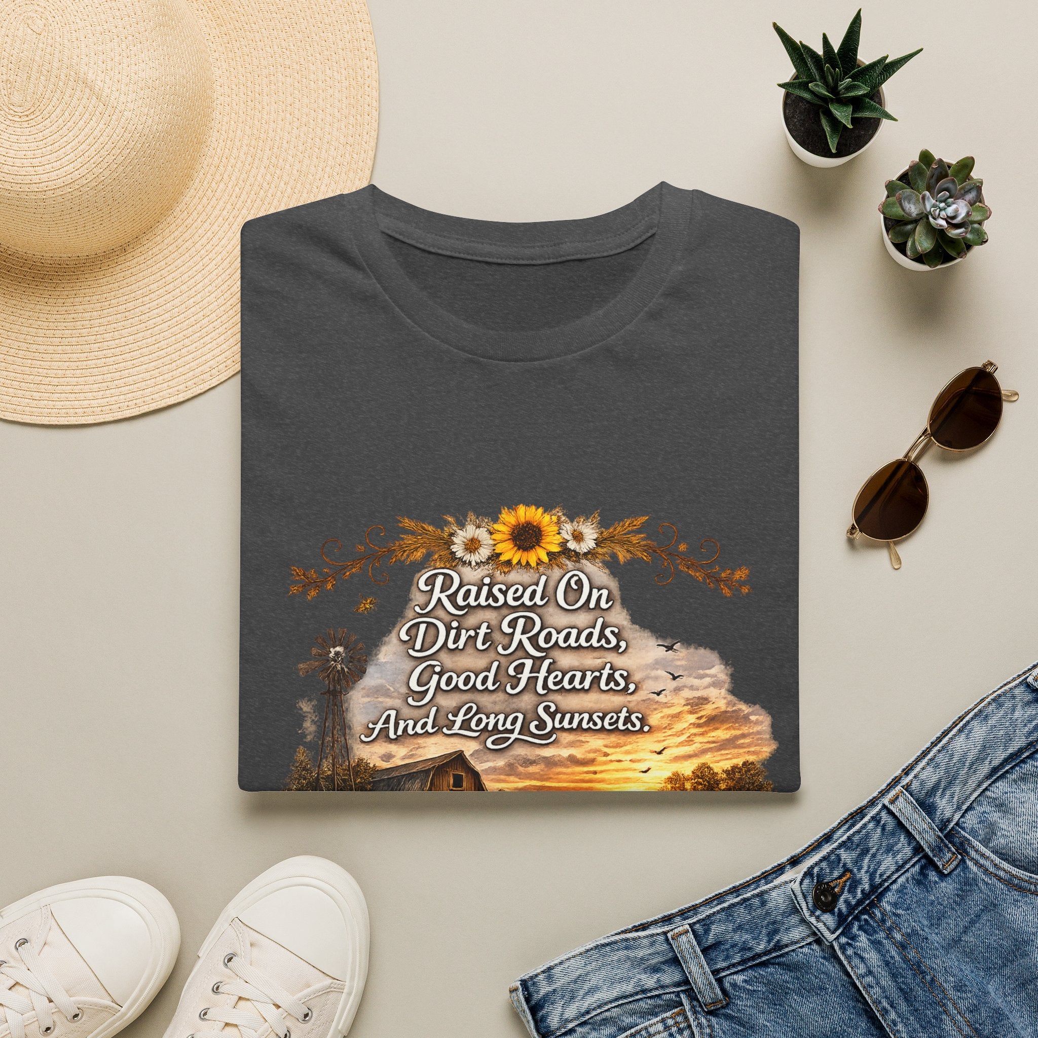 "Raised On Dirt Roads, Good Hearts, And Long Sunsets" Rustic Country Tee — T-Shirt