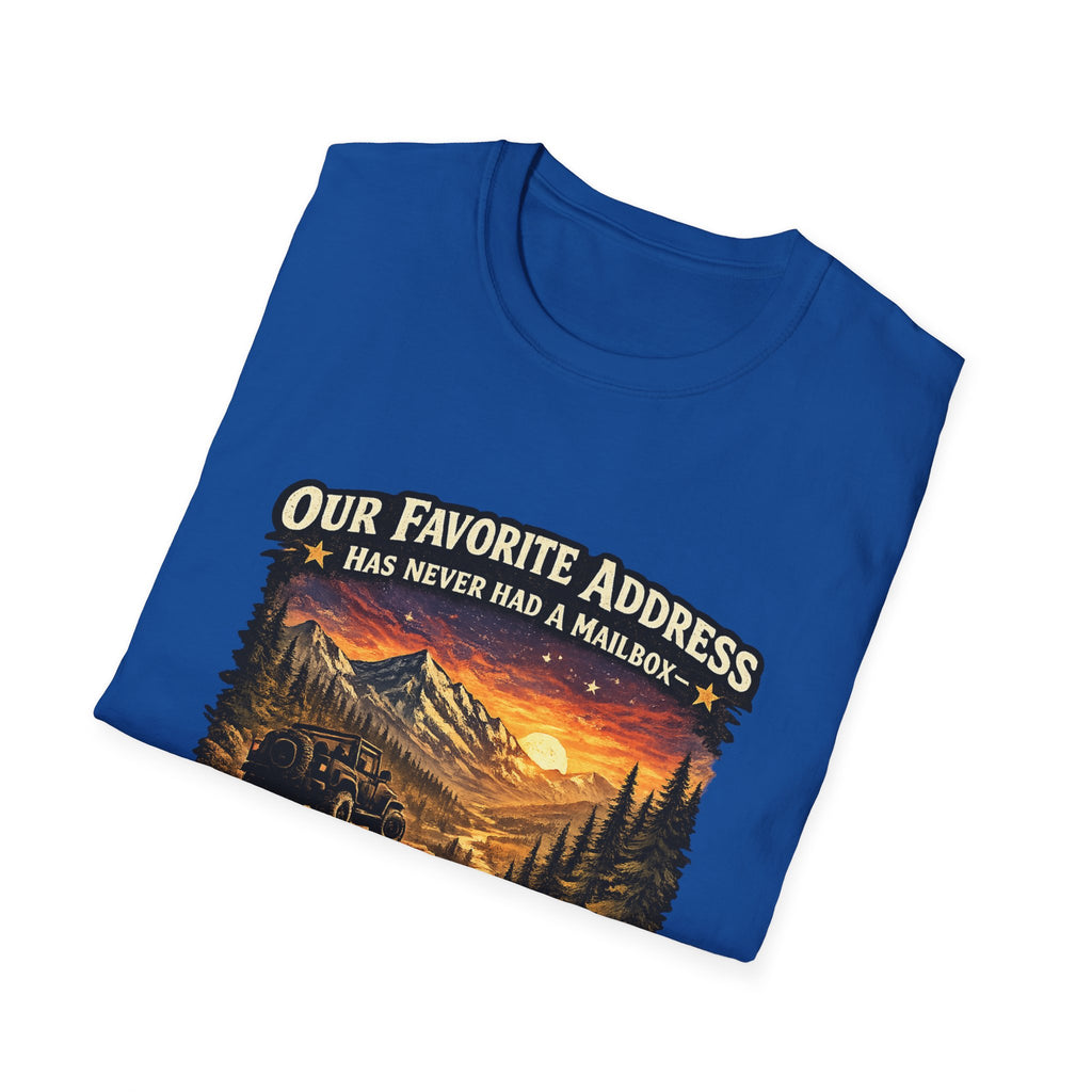 "Our Favorite Address Has Never Had a Mailbox" Scenic Mountain Camping Tee — T-Shirt