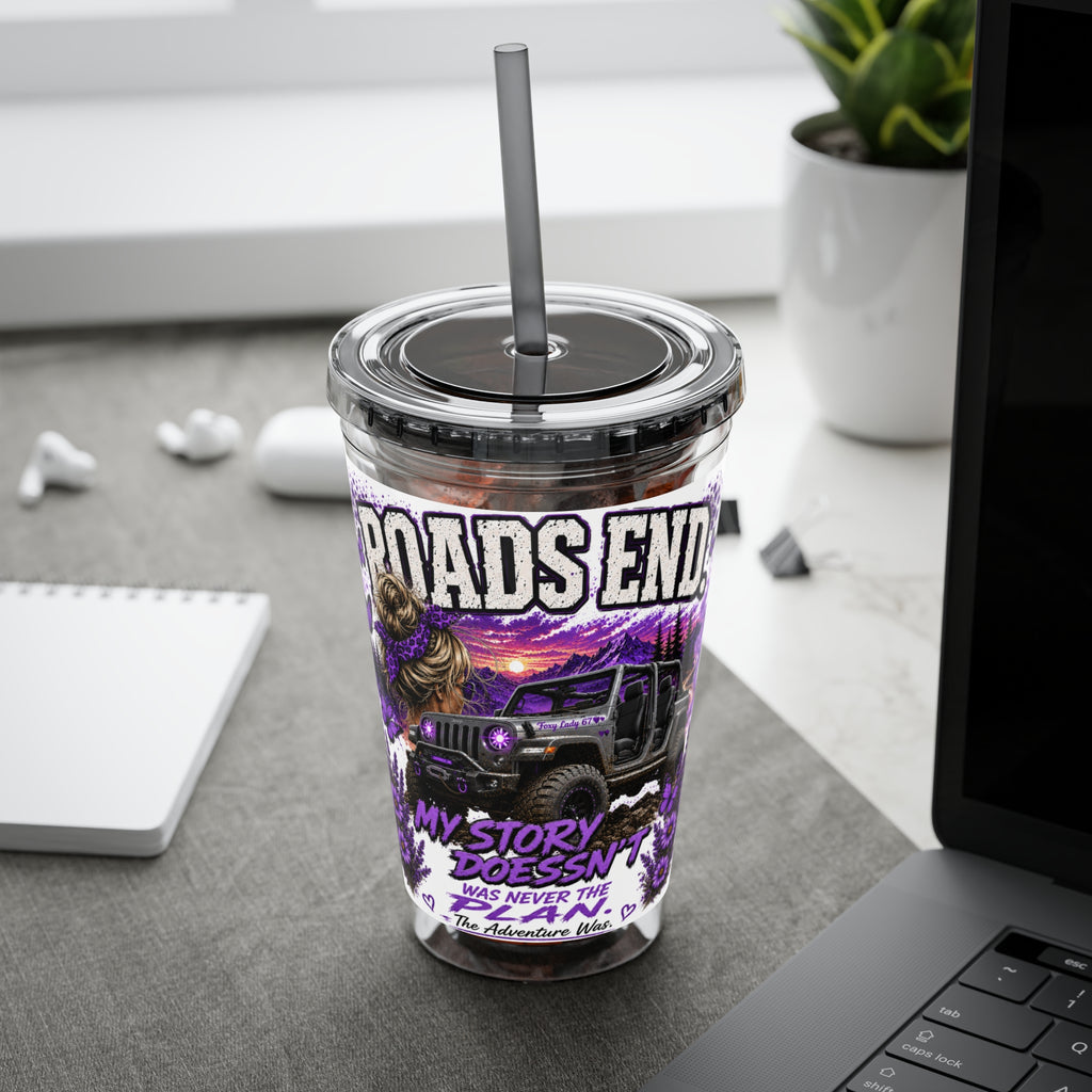 Roads End 16oz Tumbler with Straw — Purple Adventure Truck Design