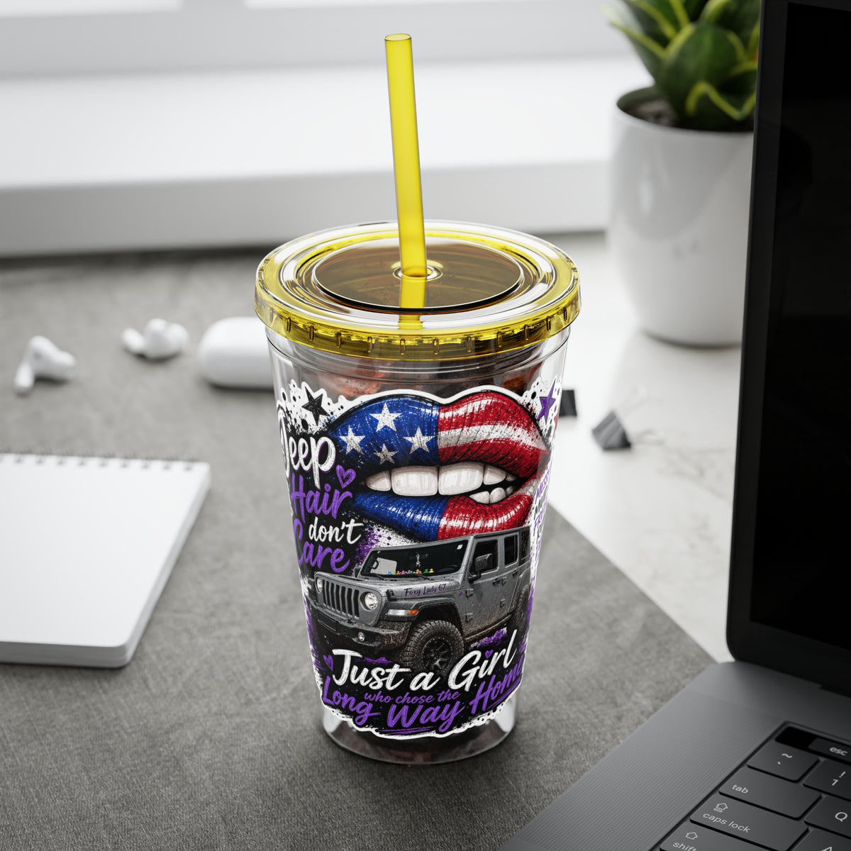 Jeep Girl 16oz Tumbler with Straw — American Flag Lips ‘Jeep Hair Don’t Care’ Design