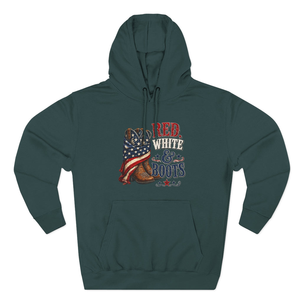 Patriotic 'Red White & Boots' Hoodie — American Flag Cowboy Boots Pullover