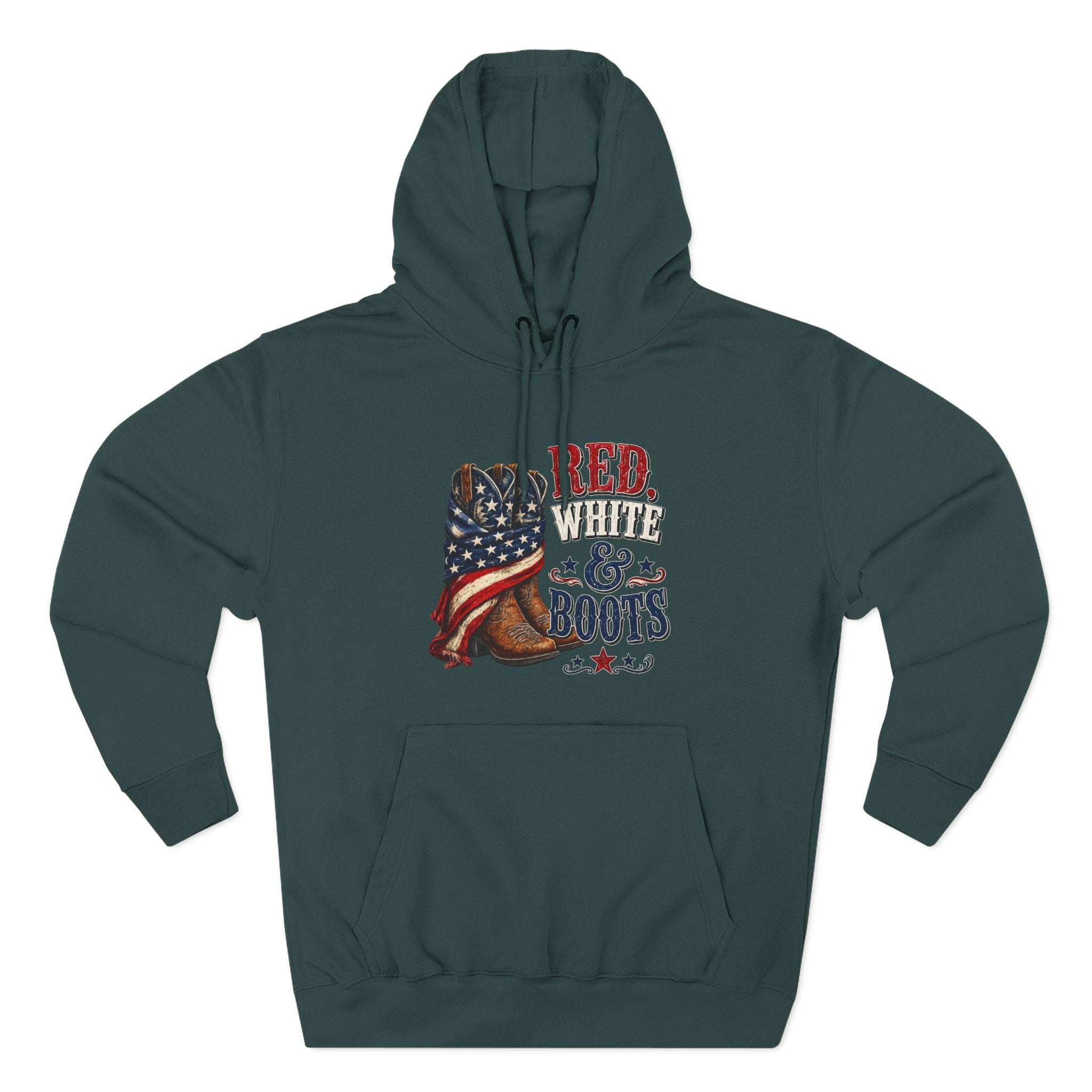 Patriotic 'Red White & Boots' Hoodie — American Flag Cowboy Boots Pullover