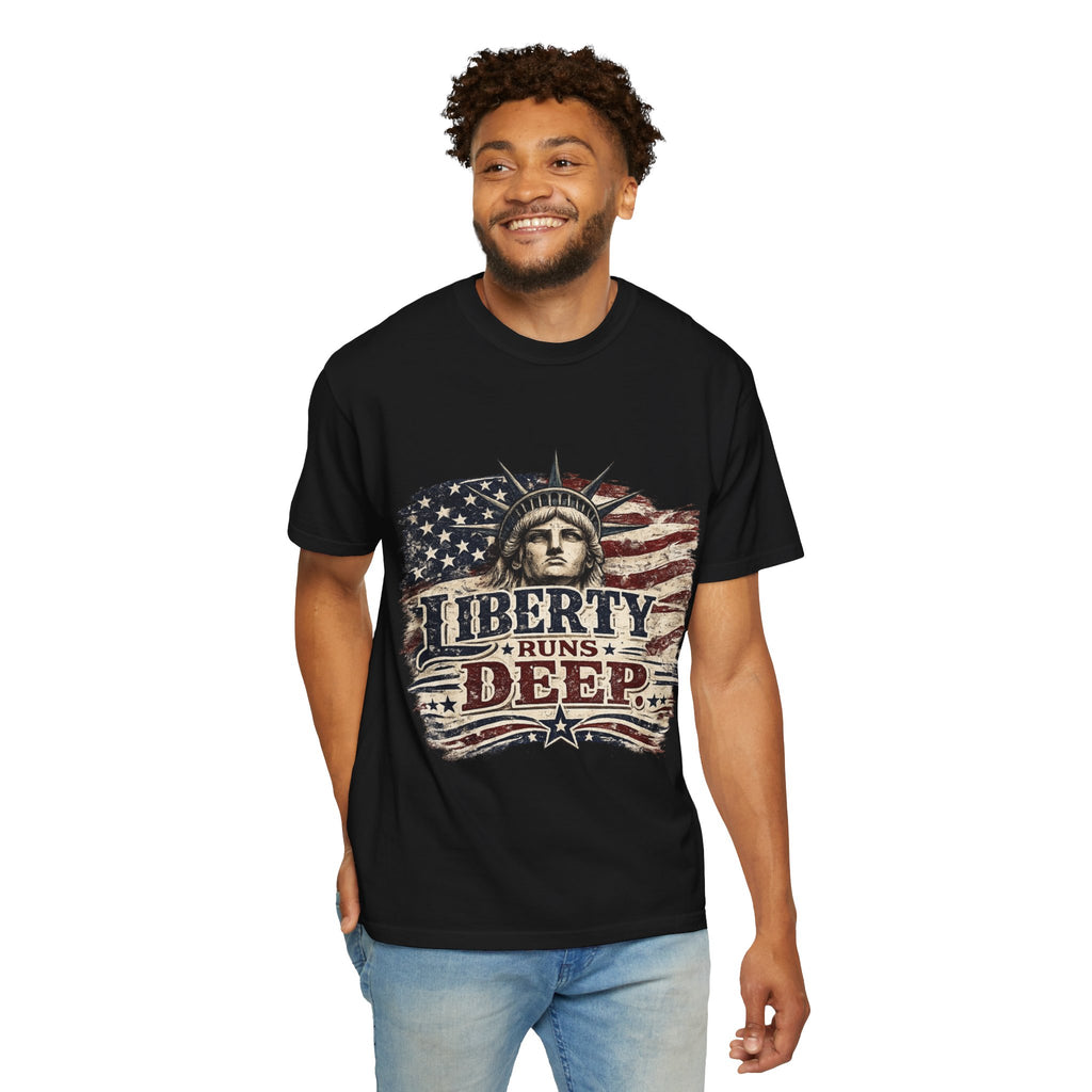 Liberty Runs Deep T-Shirt — Vintage Statue of Liberty American Flag Tee