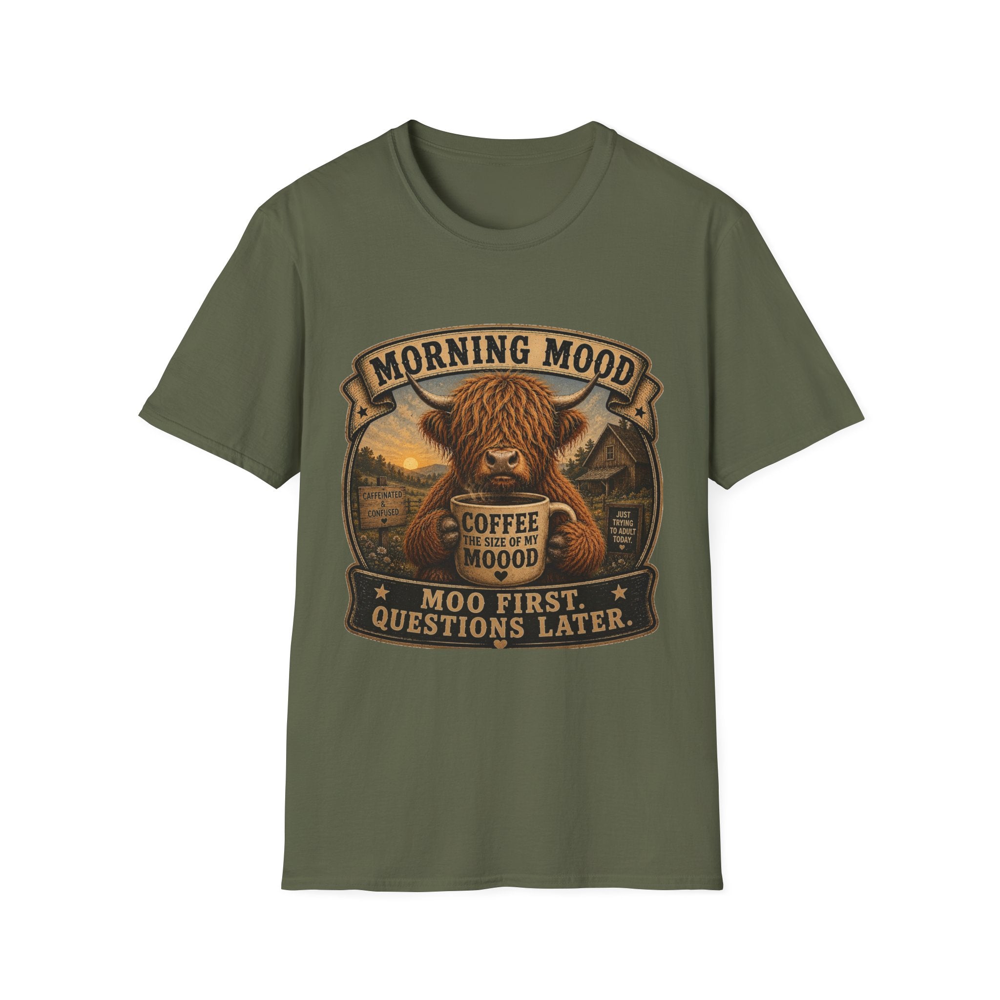 Morning Mood Moo First Questions Later Highland Cow Unisex Softstyle T-Shirt