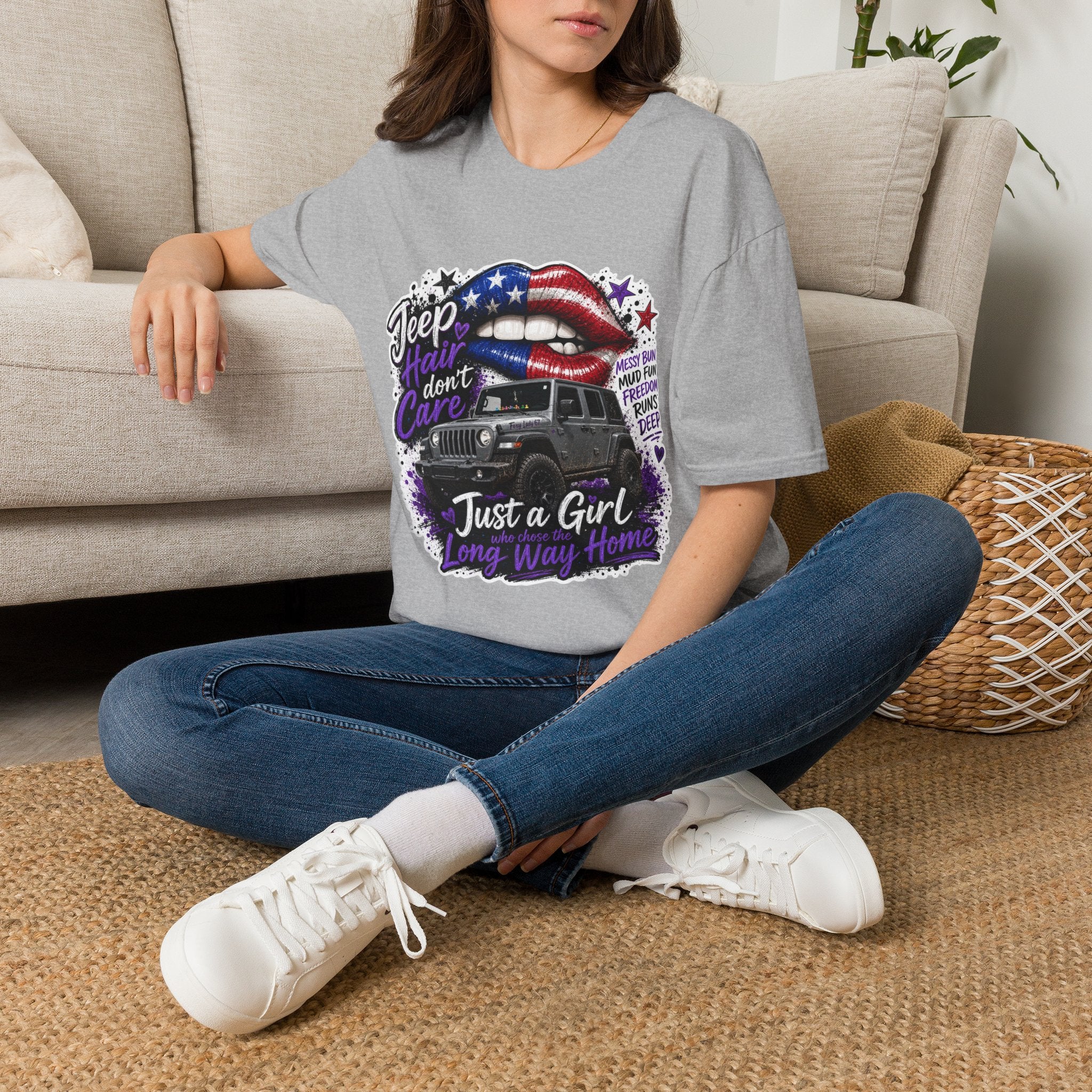 Jeep Hair Don't Care T-Shirt — American Flag Lips Off-Road Truck Tee