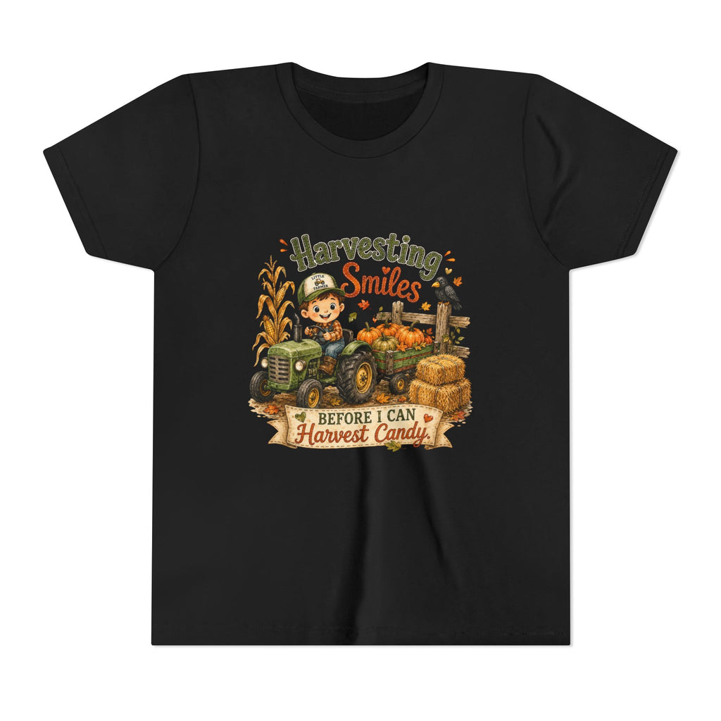 "Harvesting Smiles Before I Can Harvest Candy" Fall Tractor Halloween Kids Shirt — Youth Tee