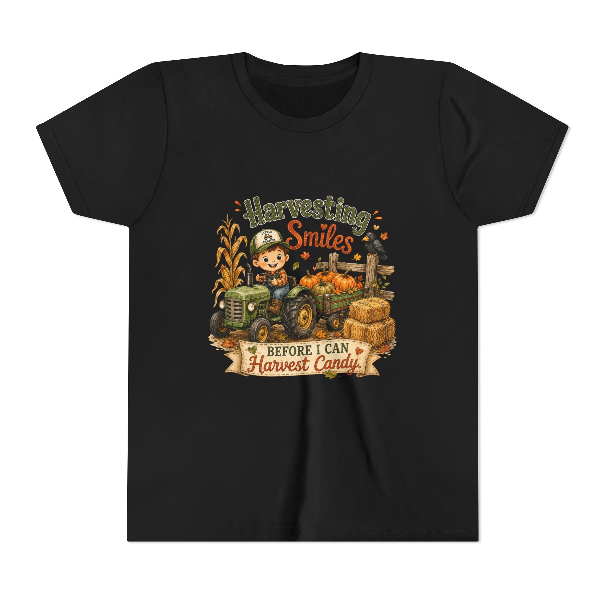 "Harvesting Smiles Before I Can Harvest Candy" Fall Tractor Halloween Kids Shirt — Youth Tee