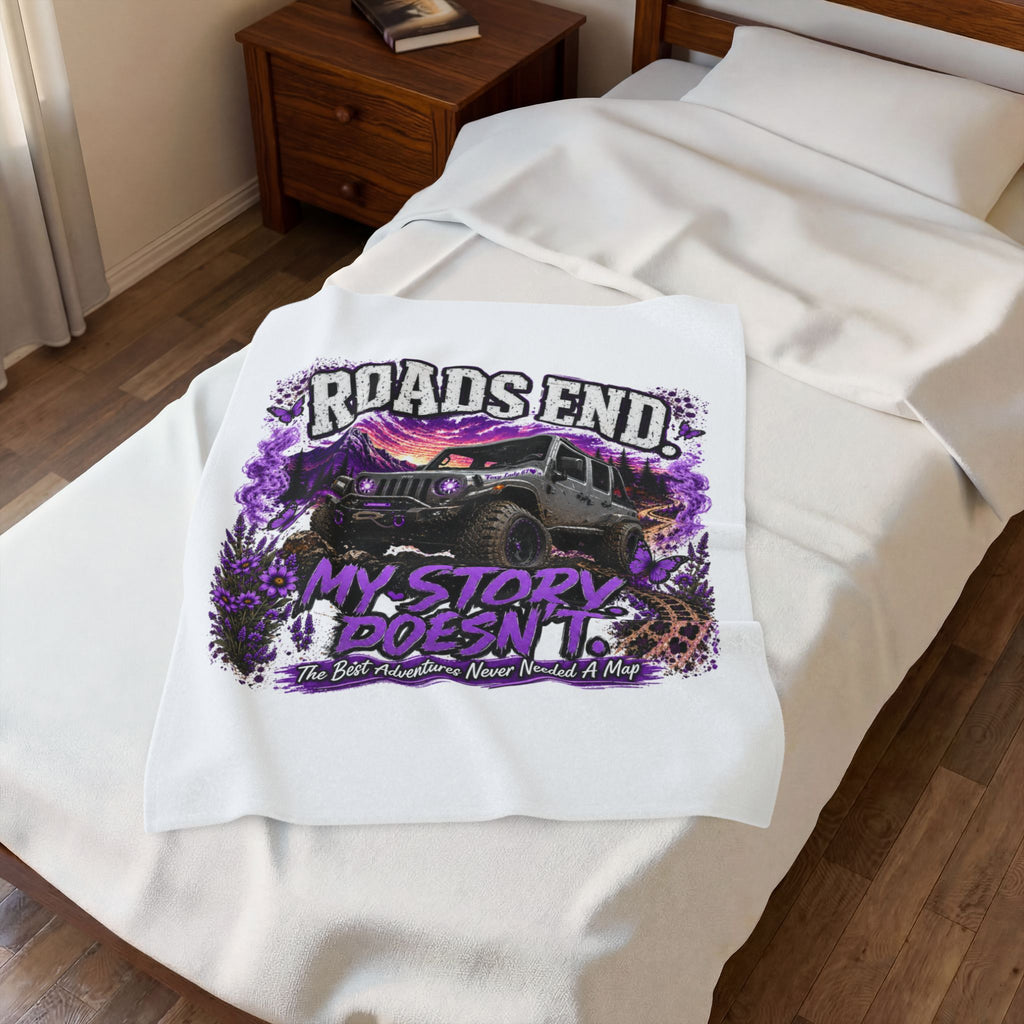 'Roads End: My Story Doesn't' Off‑Road Jeep Adventure Throw (Cozy Gift for Jeep Fans) — Velveteen Plush Blanket
