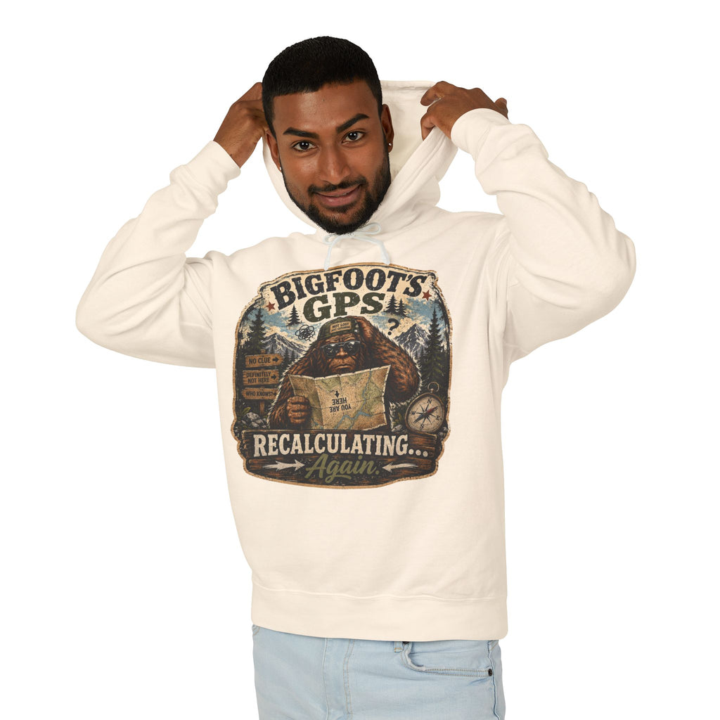 Bigfoot's GPS Relocating Again Hooded Sweatshirt
