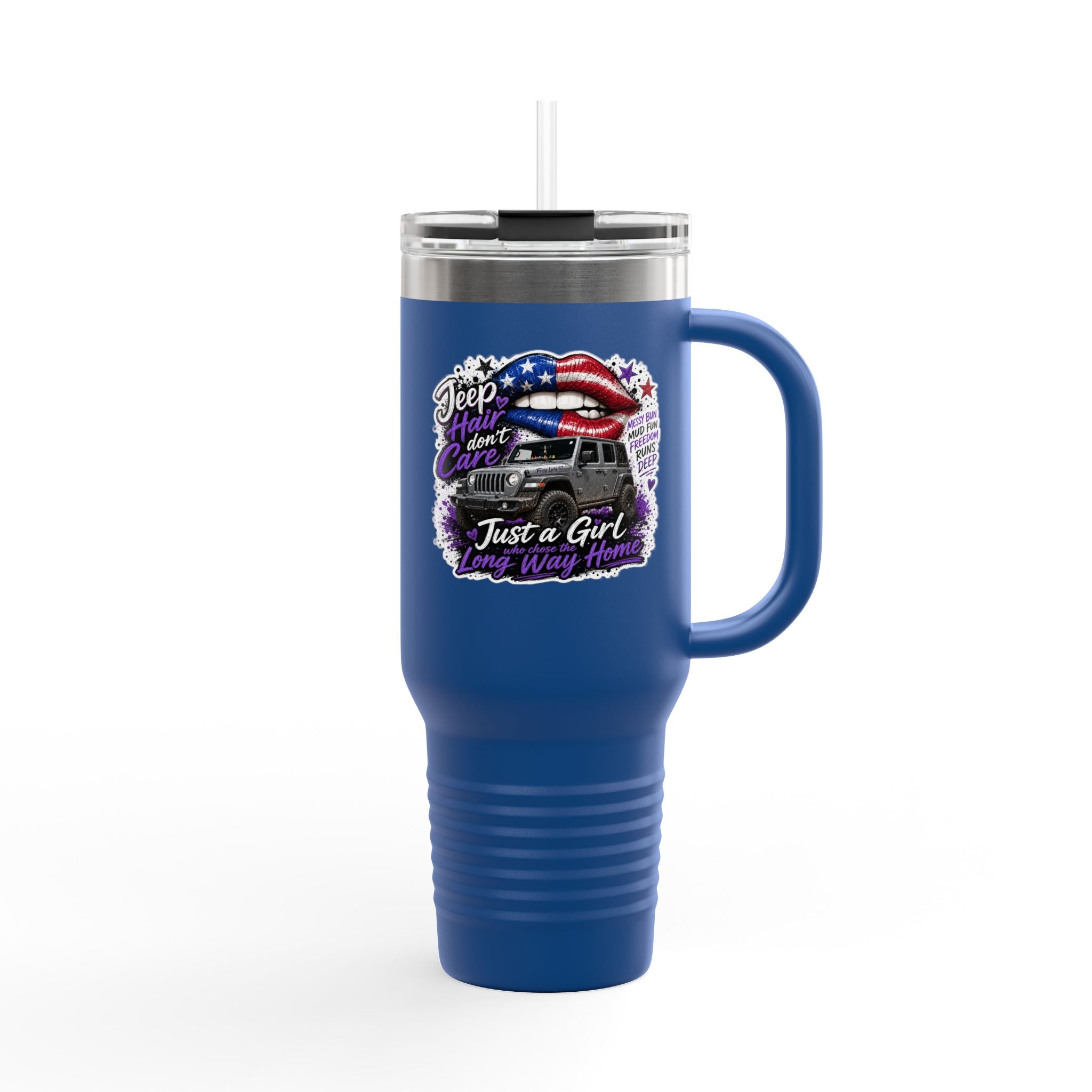 "Jeep Hair Don't Care" Patriotic Truck Design — 40oz Insulated Travel Mug