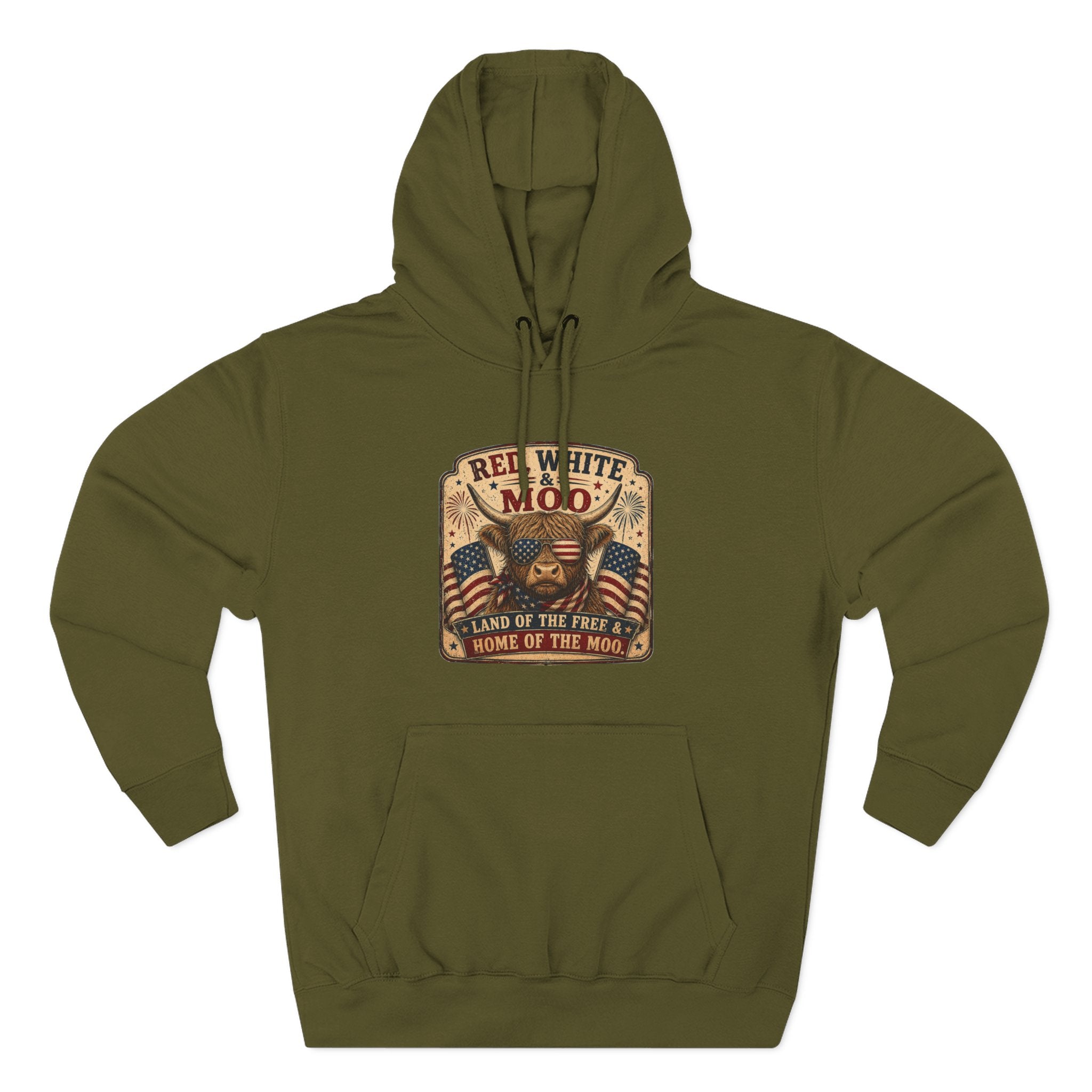 Red, White, & Moo Highland Cow Three-Panel Fleece Hoodie