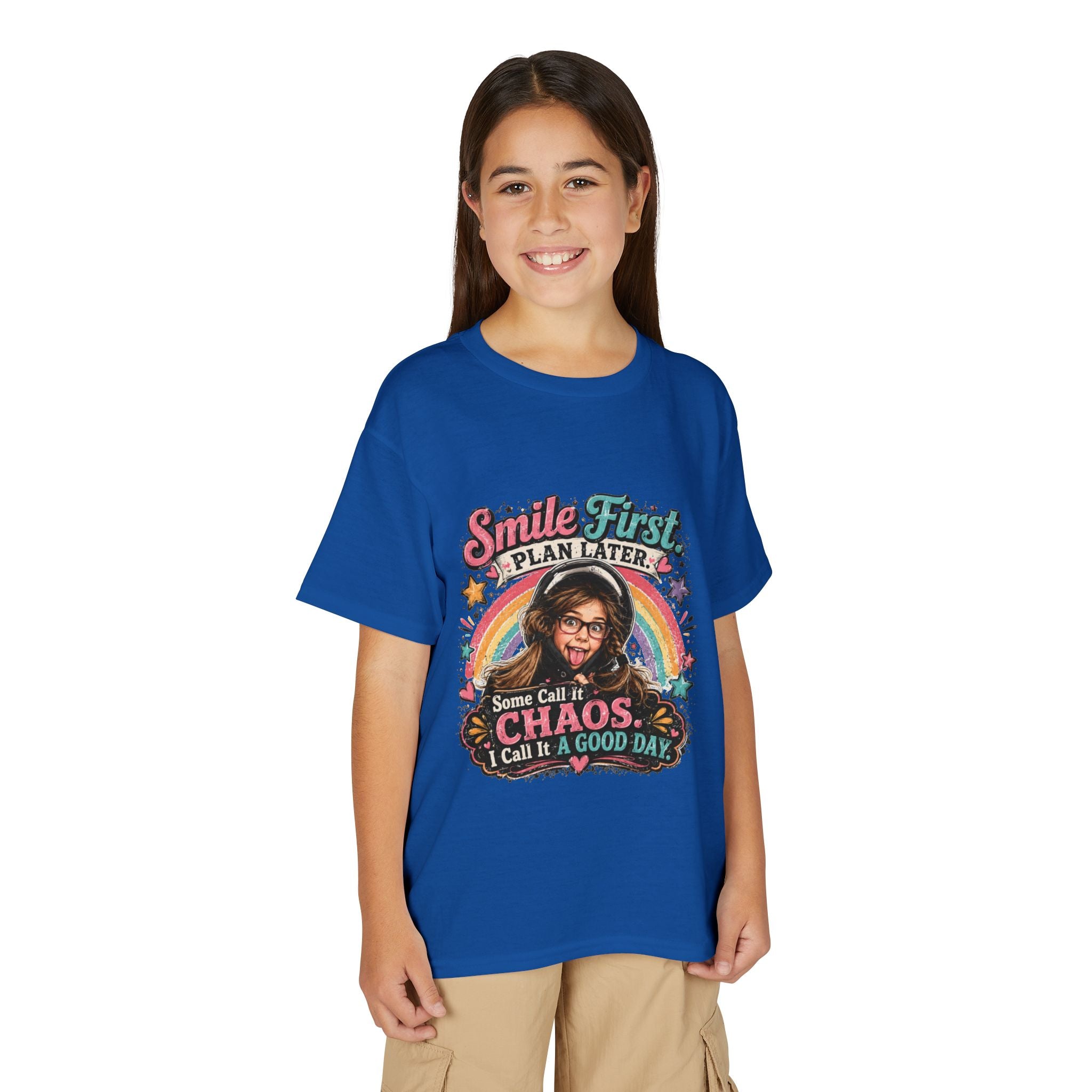 "Smile First, Plan Later" Funny Chaos Rainbow Kids Tee — Youth T-Shirt