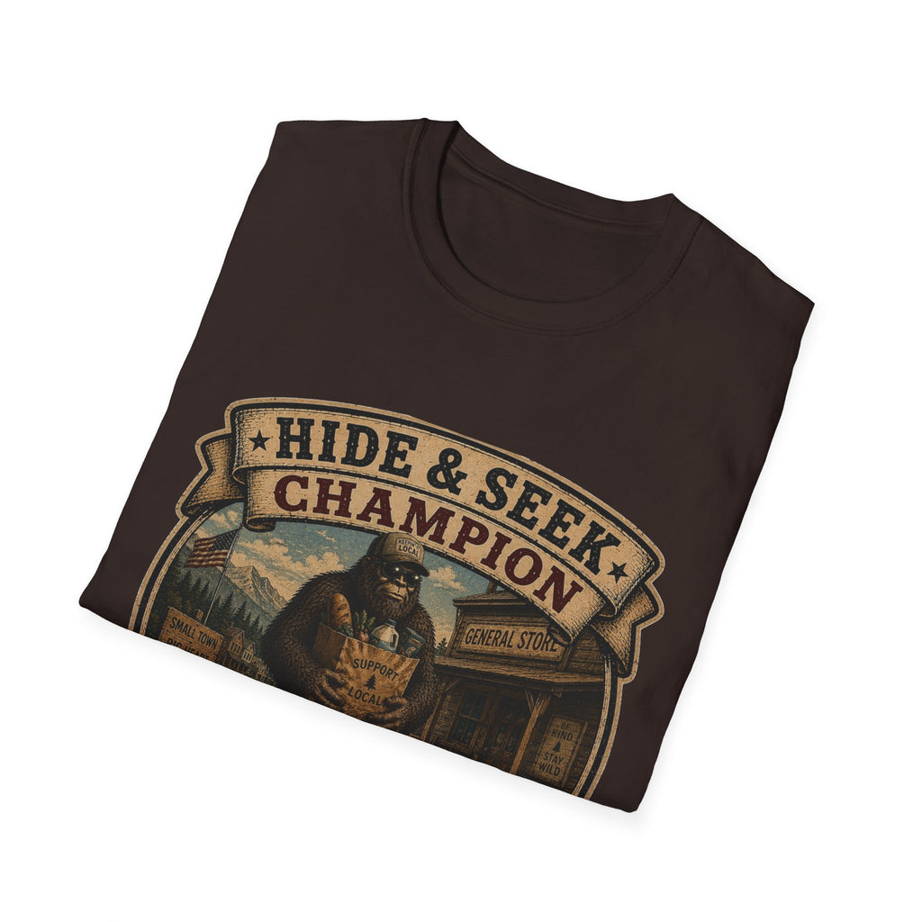 Hide & Seek Champion T-Shirt — Bigfoot Sasquatch Vintage Badge Design