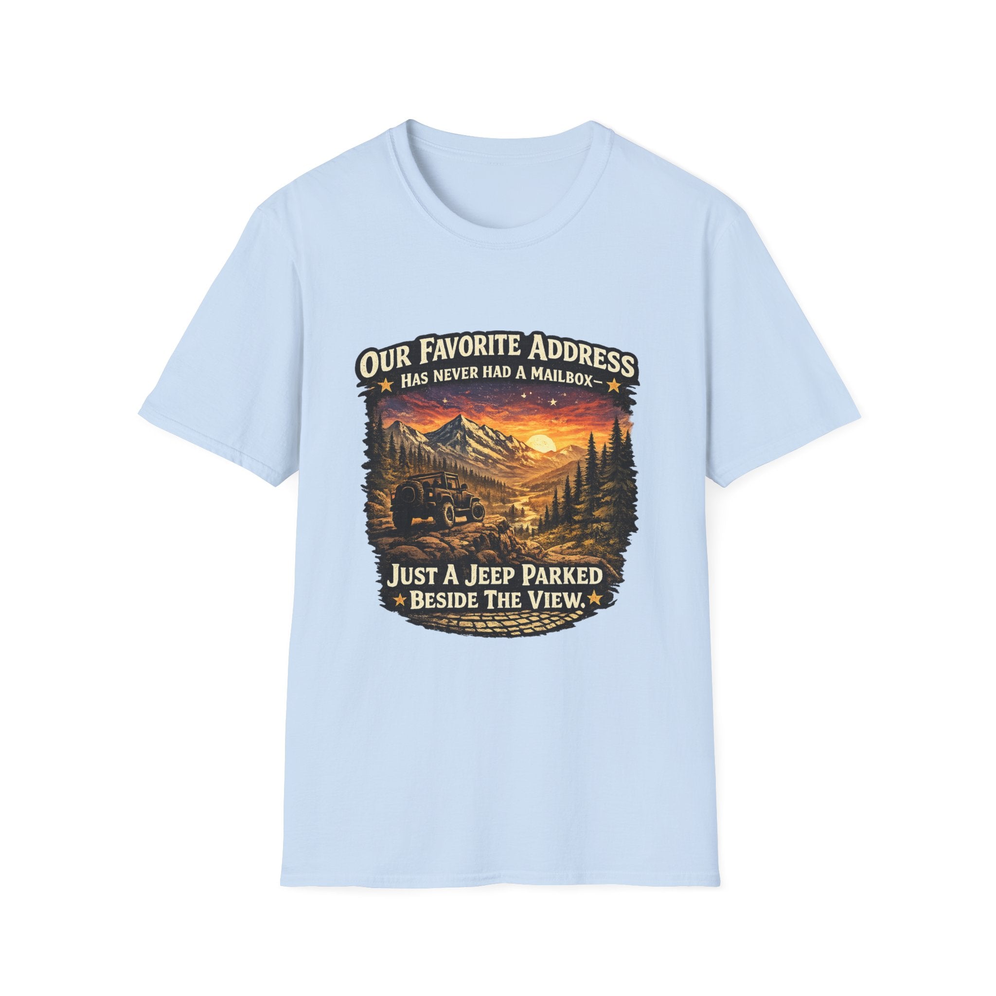 "Our Favorite Address Has Never Had a Mailbox" Scenic Mountain Camping Tee — T-Shirt