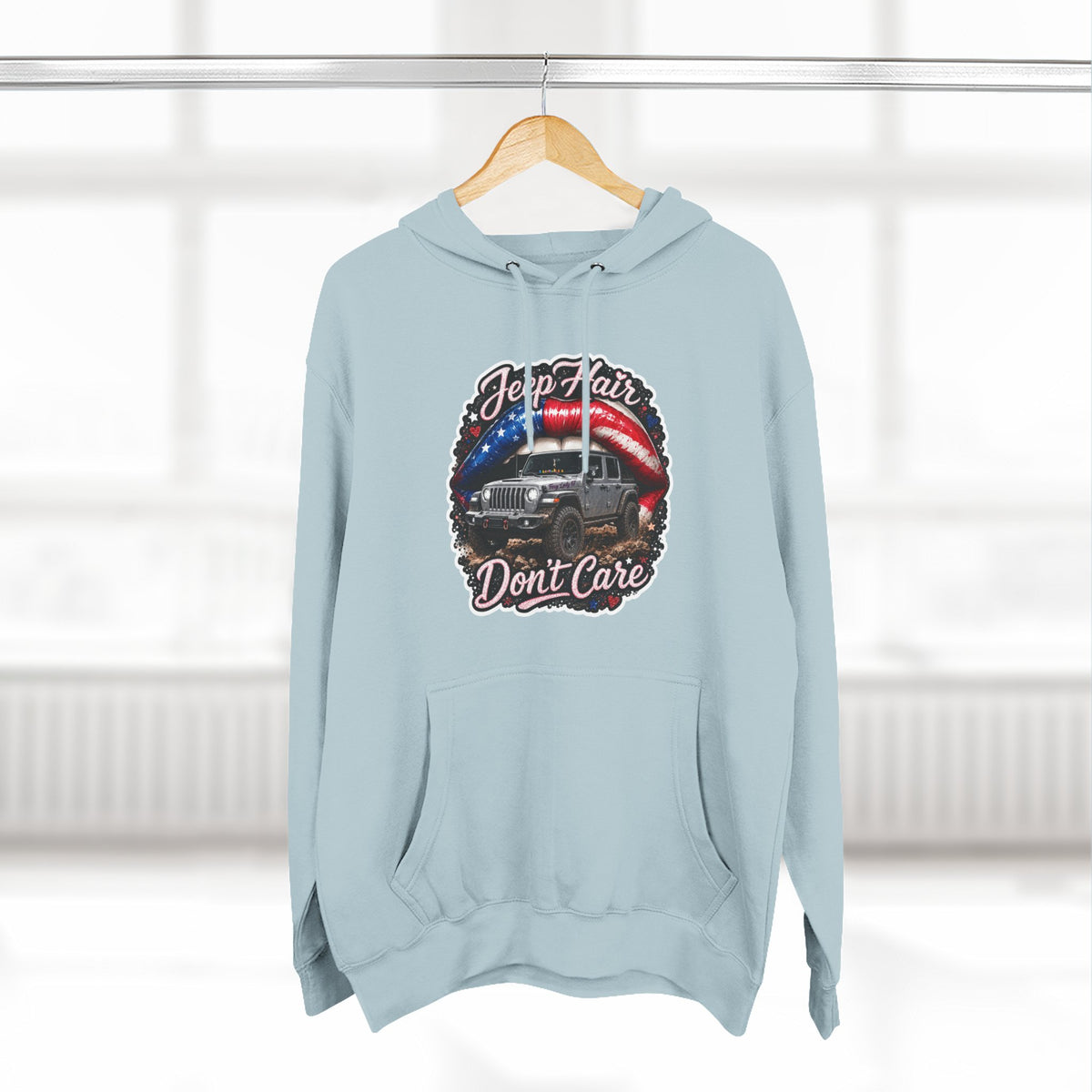"Jeep Hair Don't Care" Graphic Fleece Pullover - Patriotic Jeep Hoodie