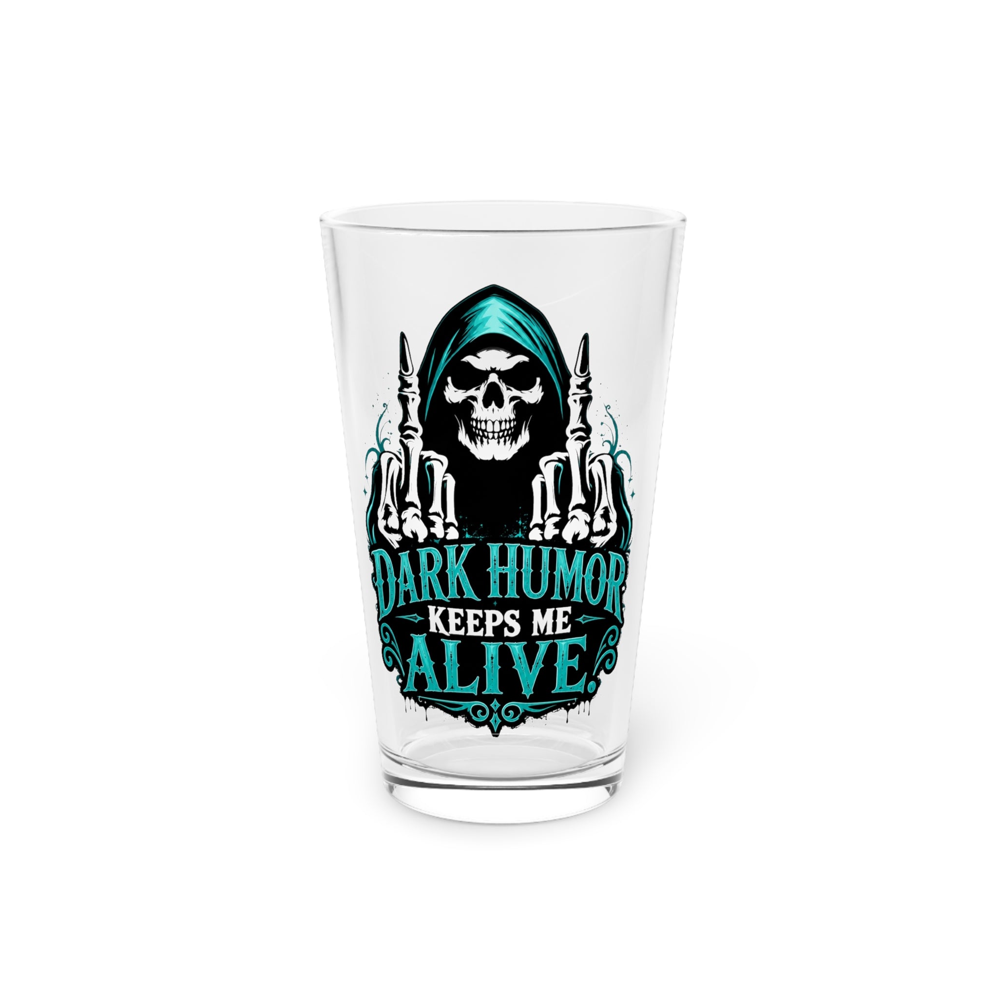 Dark Humor Keeps Me Alive Grim Reaper Teal Pint Glass, 16oz