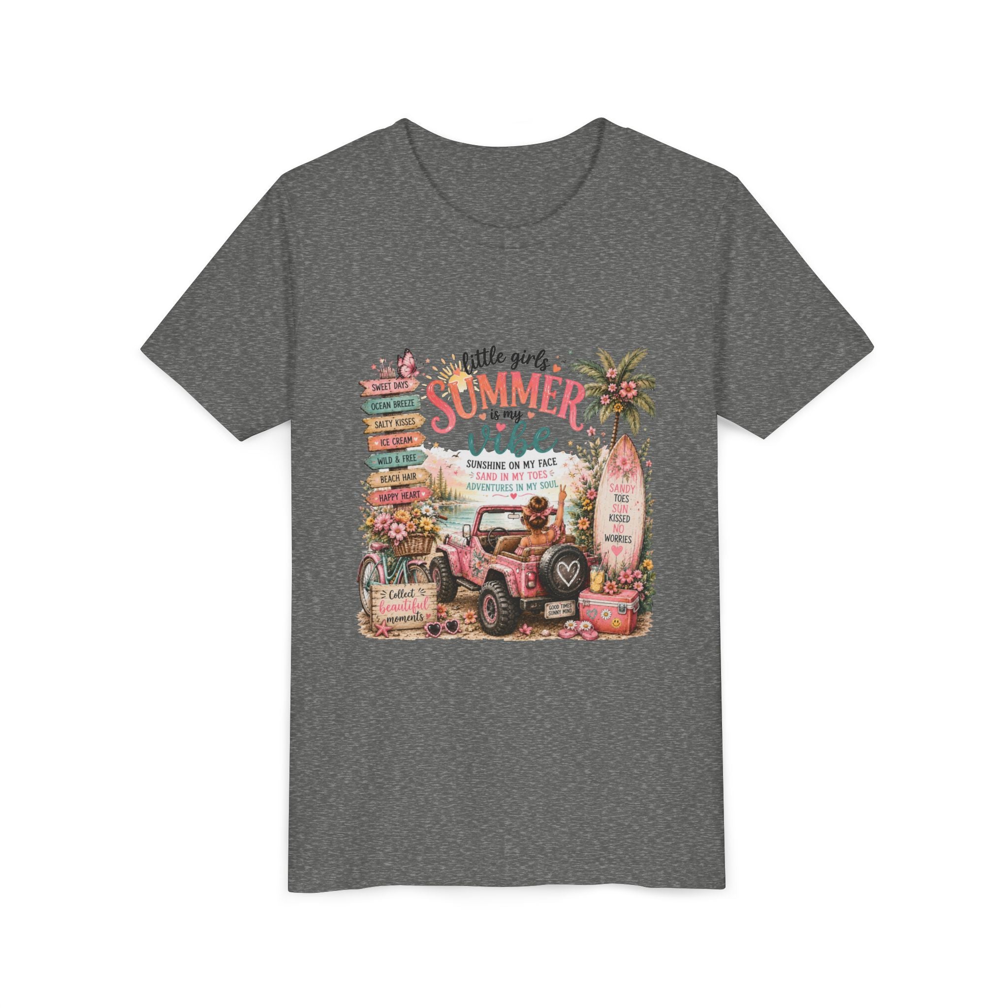 "Little Girls Summer Vibe" Tropical Jeep Surfboard Beach Graphic - Youth Tee