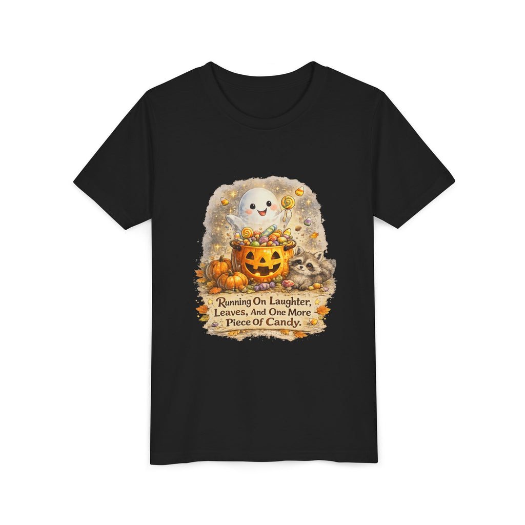 Cute Ghost, Pumpkin Candy & 'Running On Laughter, Leaves, And One More Piece Of Candy' — Youth Halloween Tee