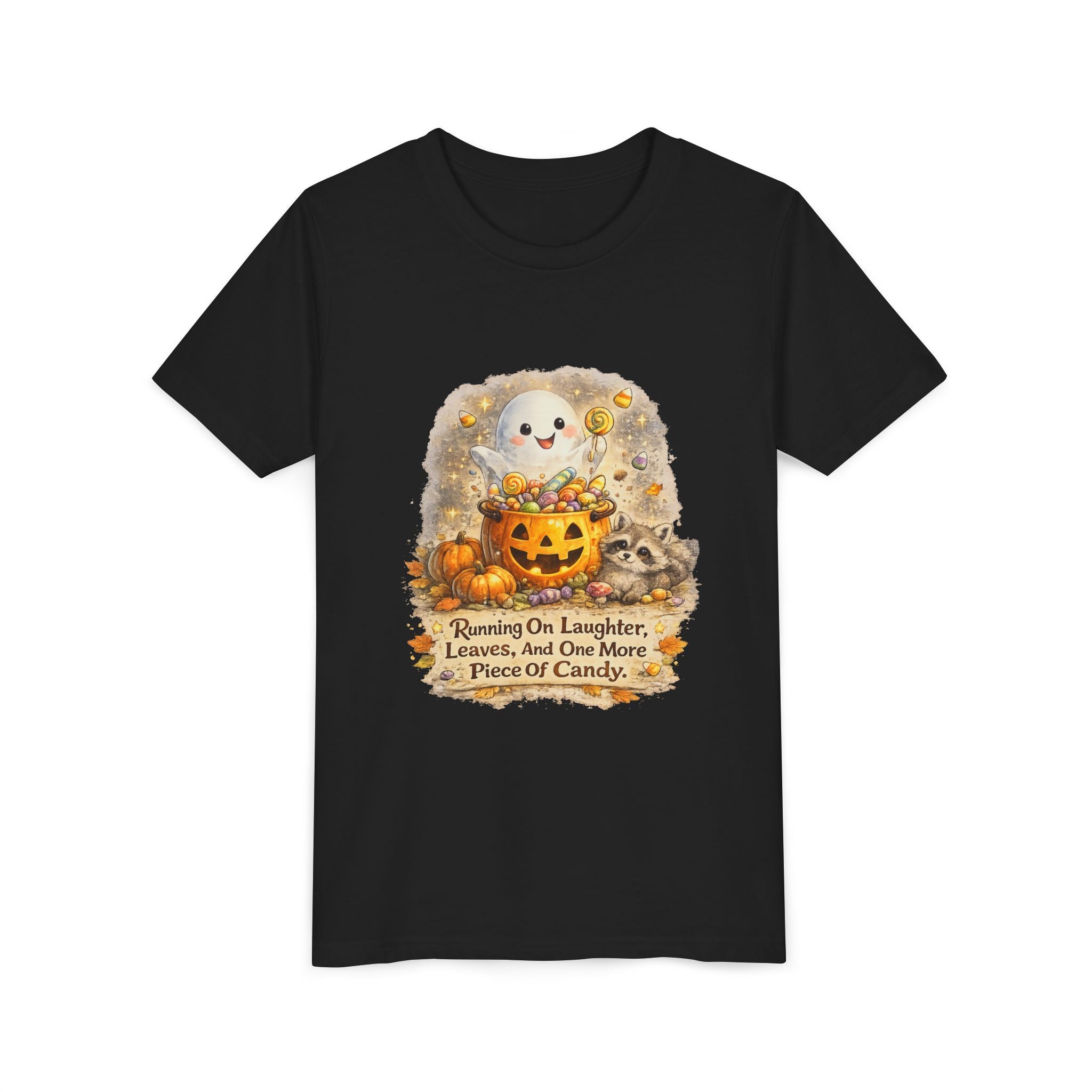 Cute Ghost, Pumpkin Candy & 'Running On Laughter, Leaves, And One More Piece Of Candy' — Youth Halloween Tee