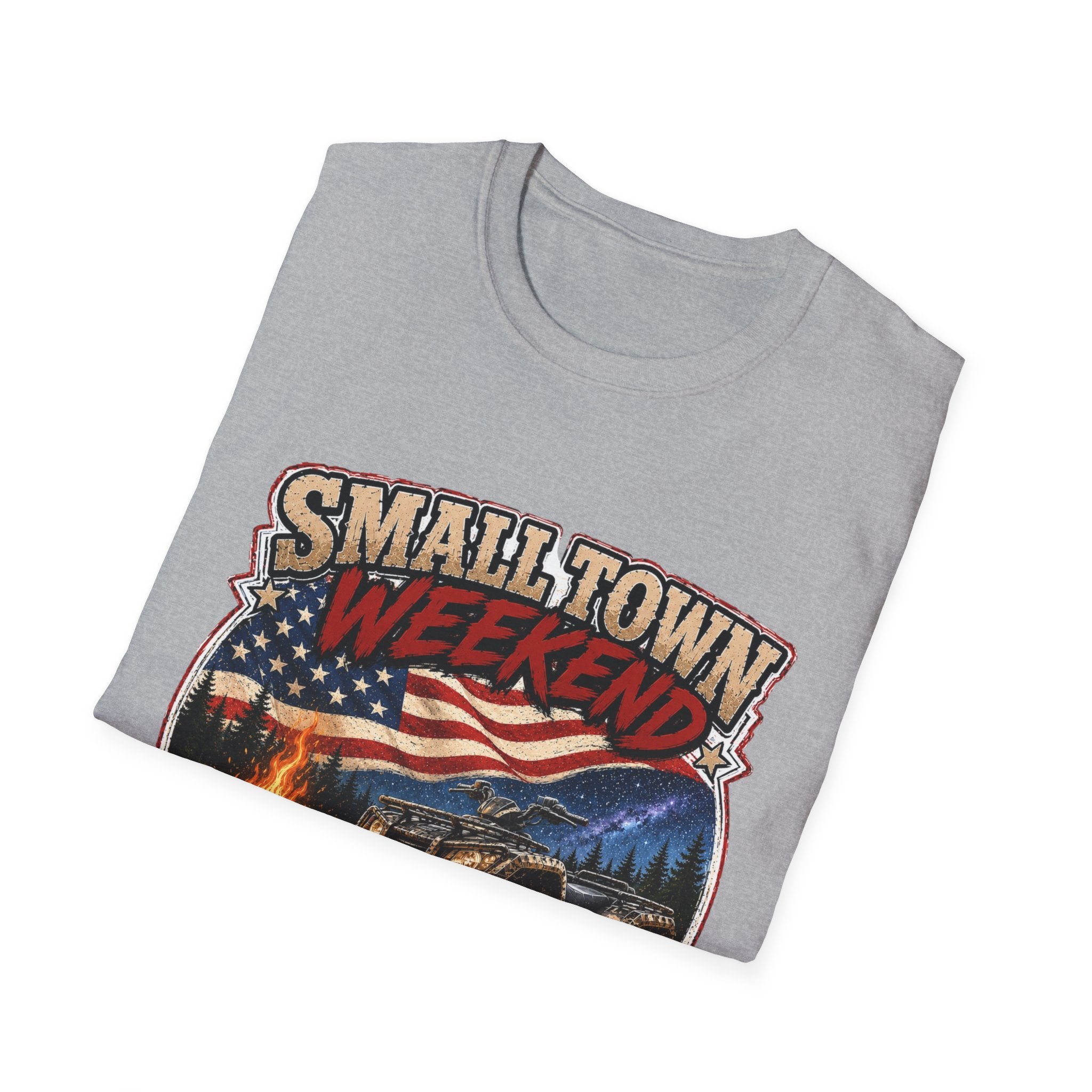 Small Town Weekend T-Shirt — Americana Flag, Bonfire & ATV Retro Graphic